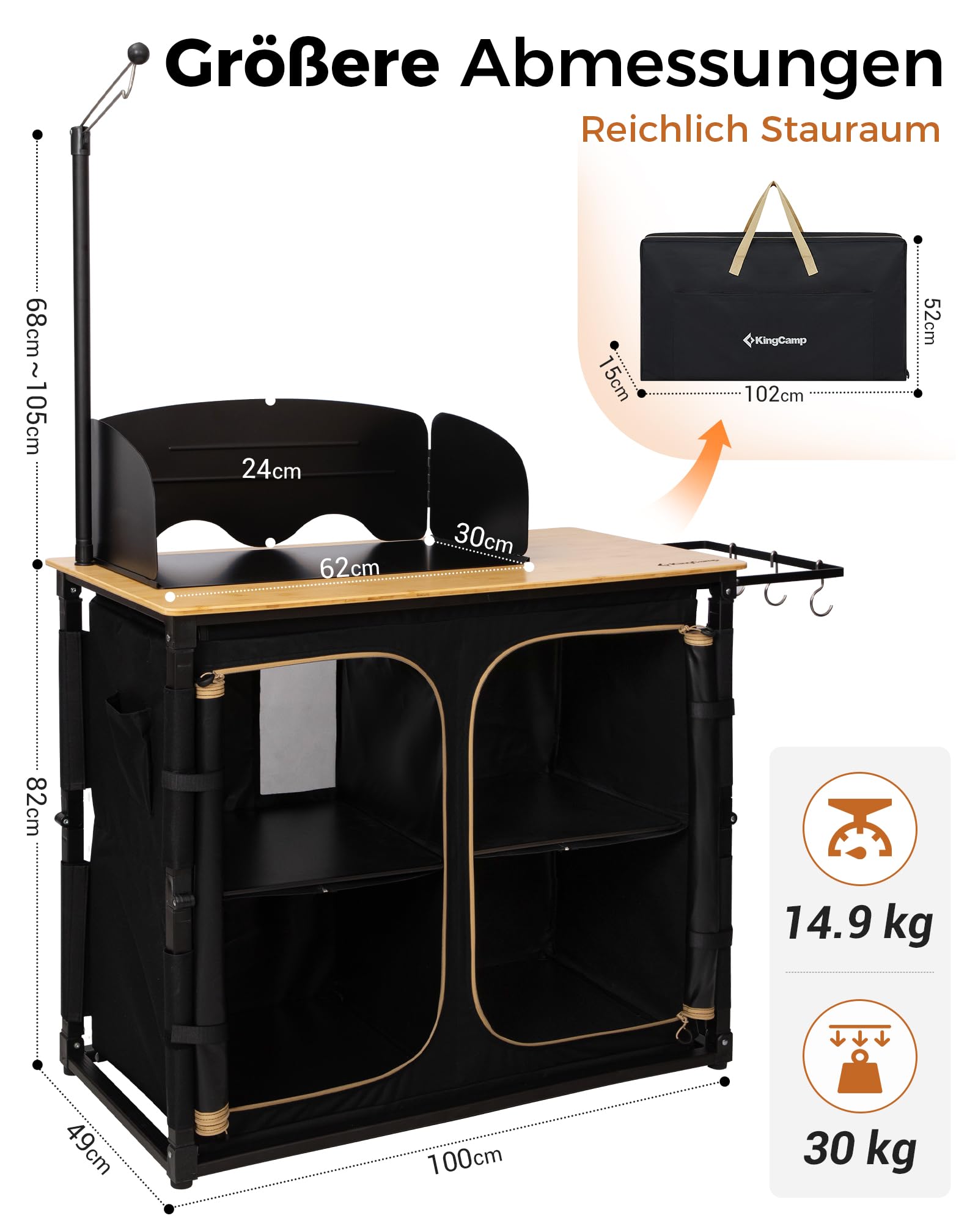 KingCamp Campingküche faltbar mit Bambus Campingschrank & Edelstahl Camping Kochgeschirr, Outdoor Küche mit Stauraum, Windschutz, Lampenhalter & Kochset für 3 Personen, ideal für Camping, BBQ&Picknick