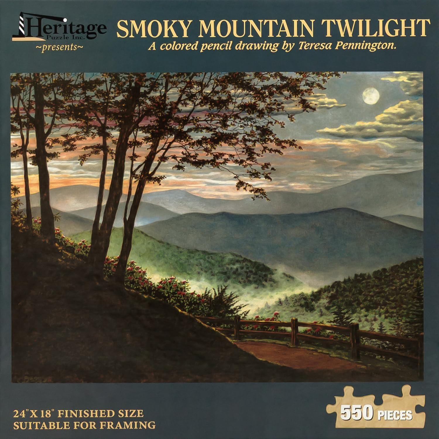 Heritage Puzzle - Smoky Mountain Twilight by Teresa Pennington - 550 Piece Puzzles for Adults - Scenic Mountain Landscape Jigsaw Puzzles - 18" x 24" Finished Size