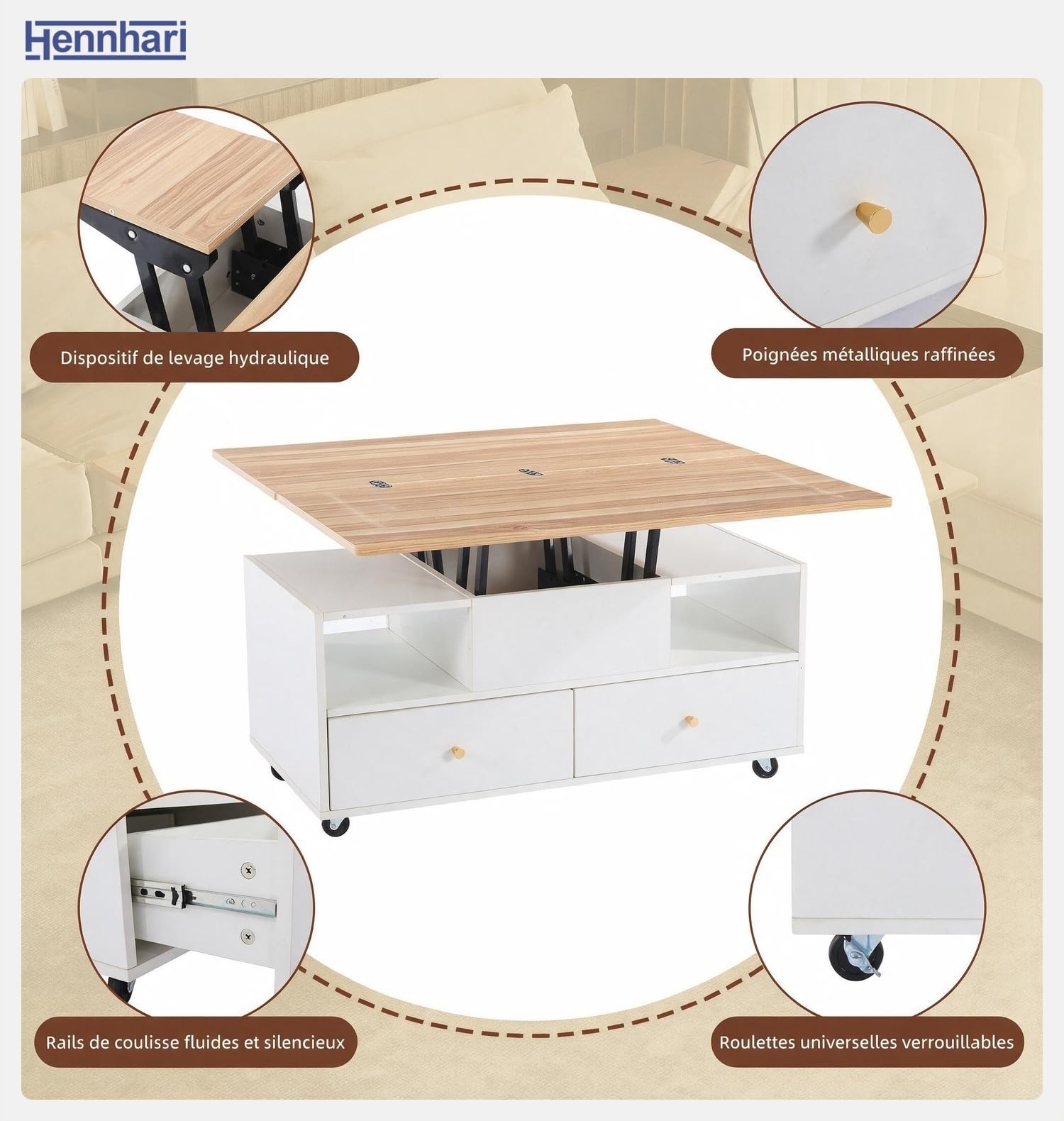 Table Basse Relevable Hydraulique Pliante, 4 Tiroirs et Rangements, sur roulettes, Transformable pour Repas et Travail, Idéale pour Salon Petit Espace (Bois Naturel)