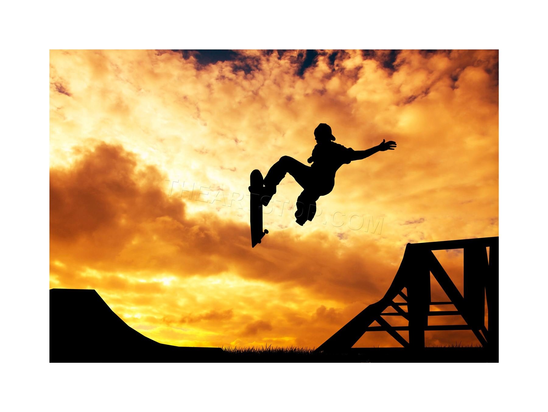 Wee Blue Coo Sport Mock Photo Skateboarding Silhouette Sunset Wall Art Print