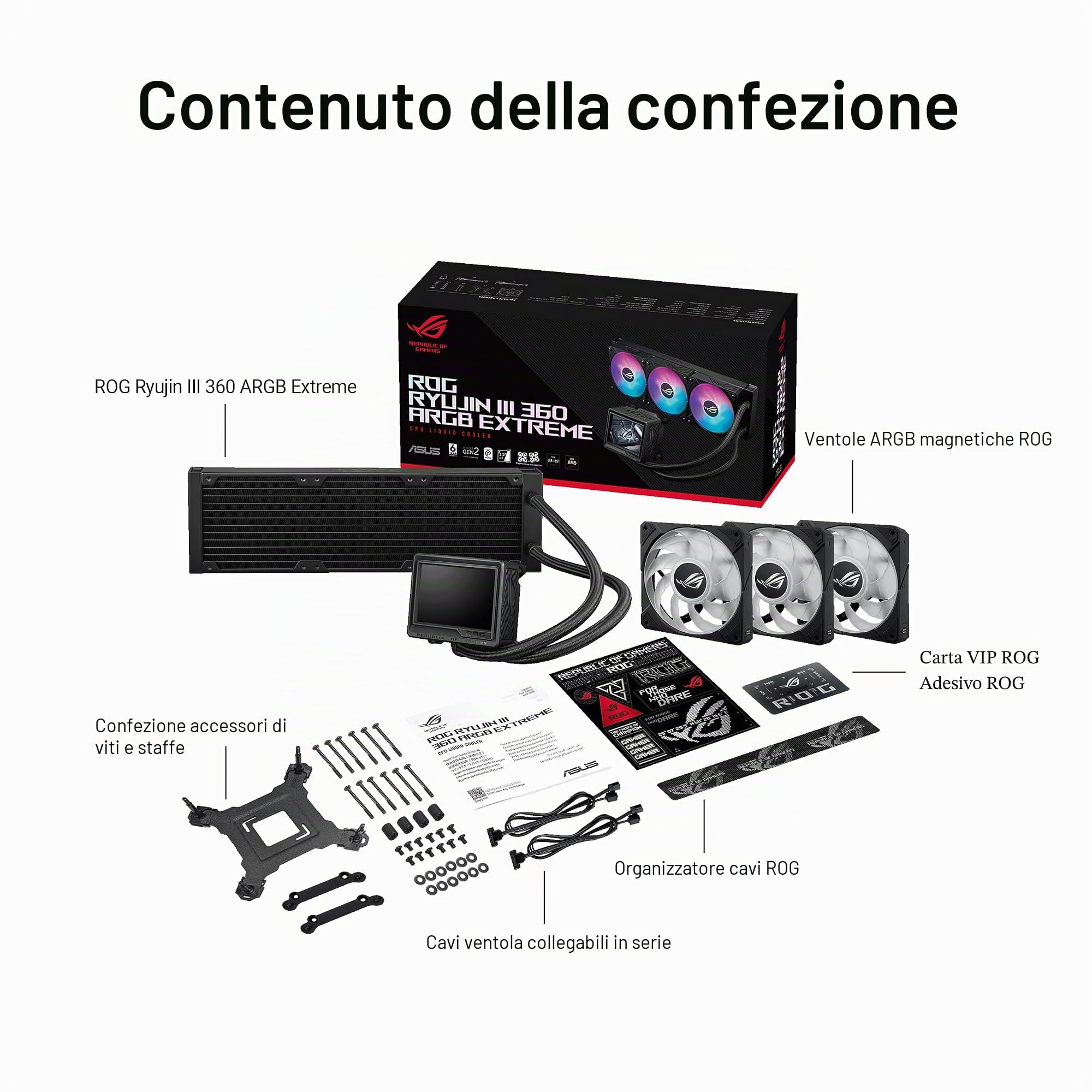 ASUS ROG RYUJIN III 360 ARGB EXTREME all-in-one AIO CPU liquido cooler; pompa Asetek Gen8 V2; ventole magnetiche ad alta pressione flusso d'aria; LCD