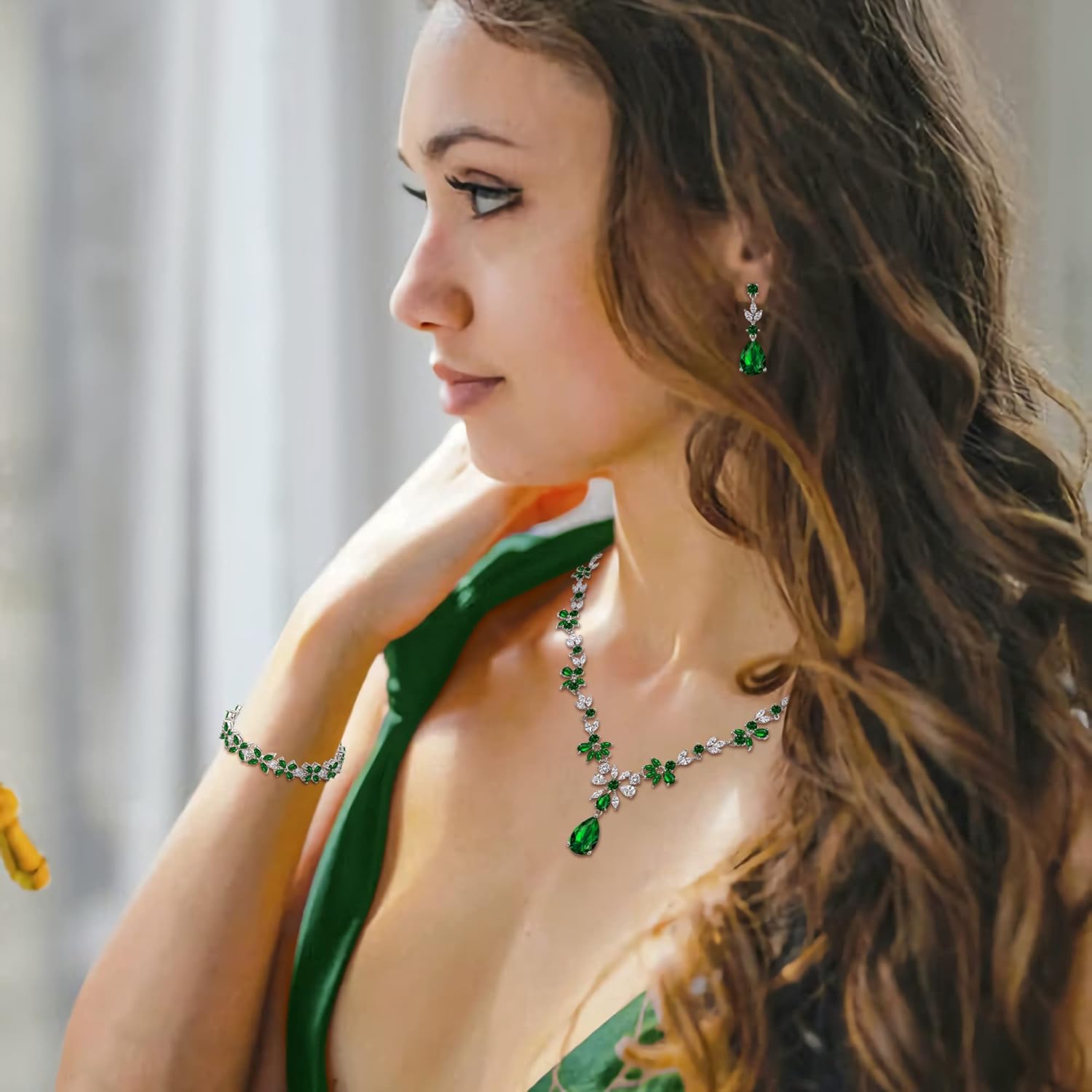 Crysdue Wedding Jewelry Set for Women, Floral Leaf Vine Teardrop Necklace Dangle Earrings Bracelet and Hair Comb, Cubic Zirconia Elegant Party Prom Jewellery for Bridal Bridesmaid - Image 2