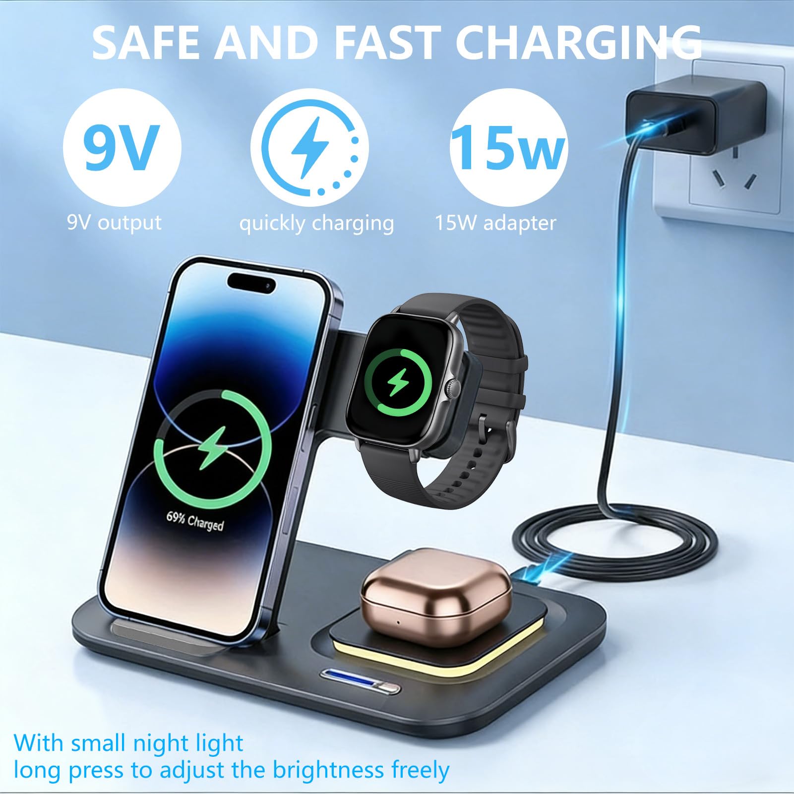Bezprzewodowa łAdowarka,Stacja łAdująCa 3 w 1 do iPhone 17 16 15 14 13 12 11/Pro/Max/Plus,Indukcyjna Bezprzewodowa łAdowarka z Lampką Nocną do Apple Watch 10/9 z Airpods 3/2/Pro,Ciemnoczarna