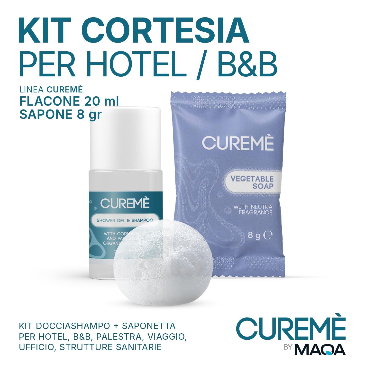 Set Cortesia Bagno per B&B Completo 200 Pezzi – Shampoo Doccia 20 ml + Saponette 8 g Monodose