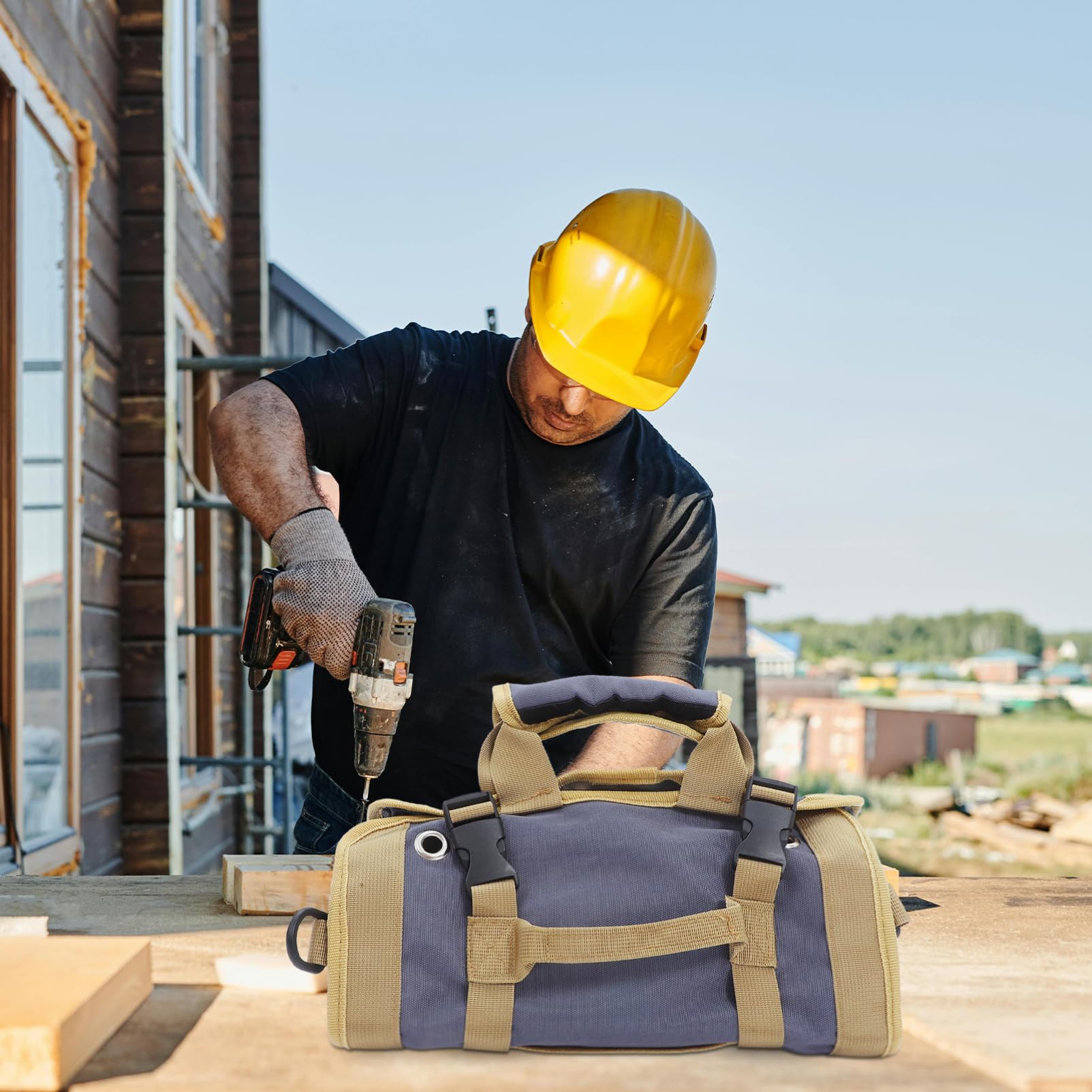 Borsa Porta Attrezzi Arrotolabile in Canvas, Organizer Portatile | Elettricisti e Lavoratori, Uso per Lavorazione del Legno e Auto, Design Multiuso Chiusura Arrotolata