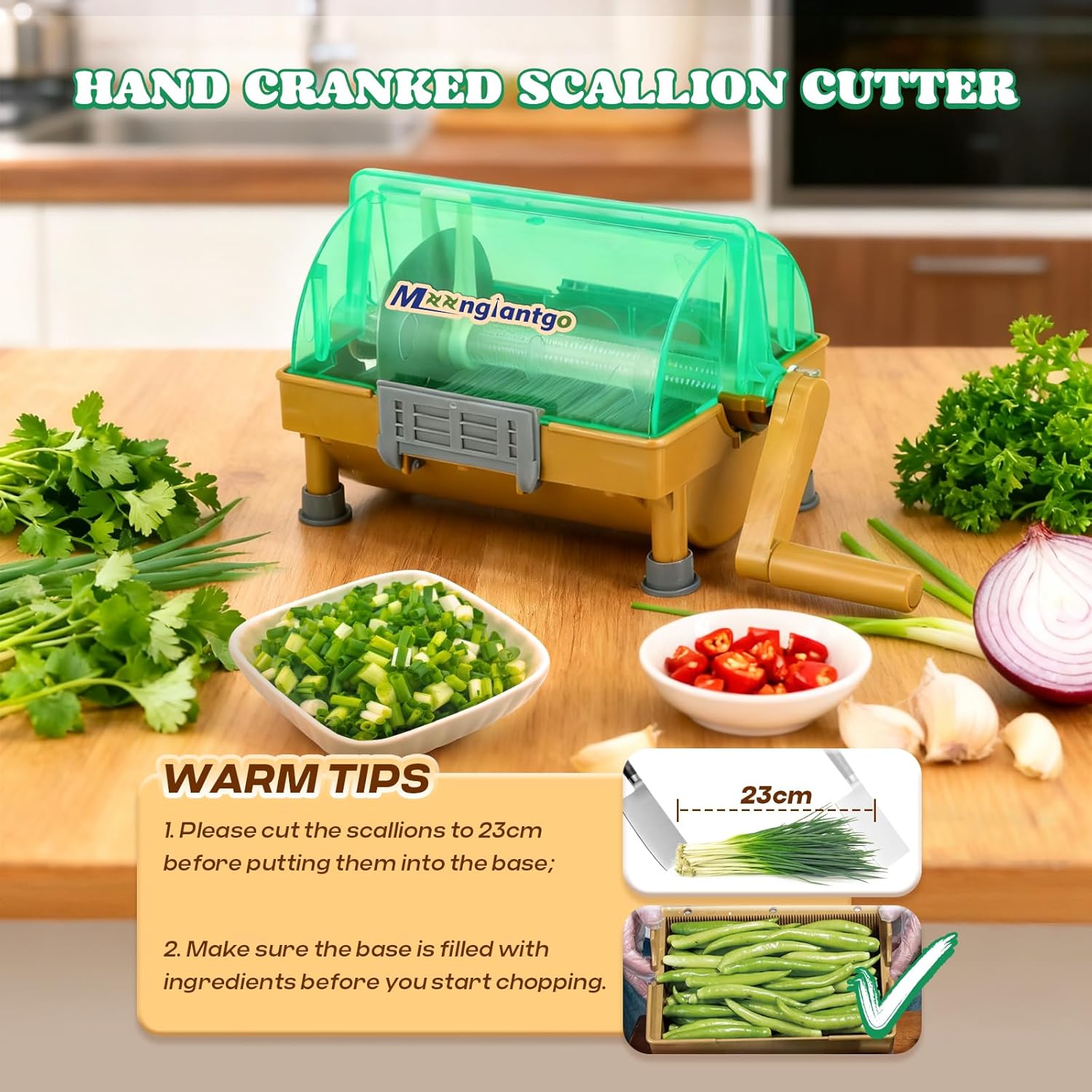 Moongiantgo Commercial Manual Scallion Cutter Slicer, Spring Onion Shredder with Stainless Steel Blade, for Kitchen 3MM Chopped Scallions, Spring Onions, Green Onions, Cilantro, Leeks, Chili Pepper