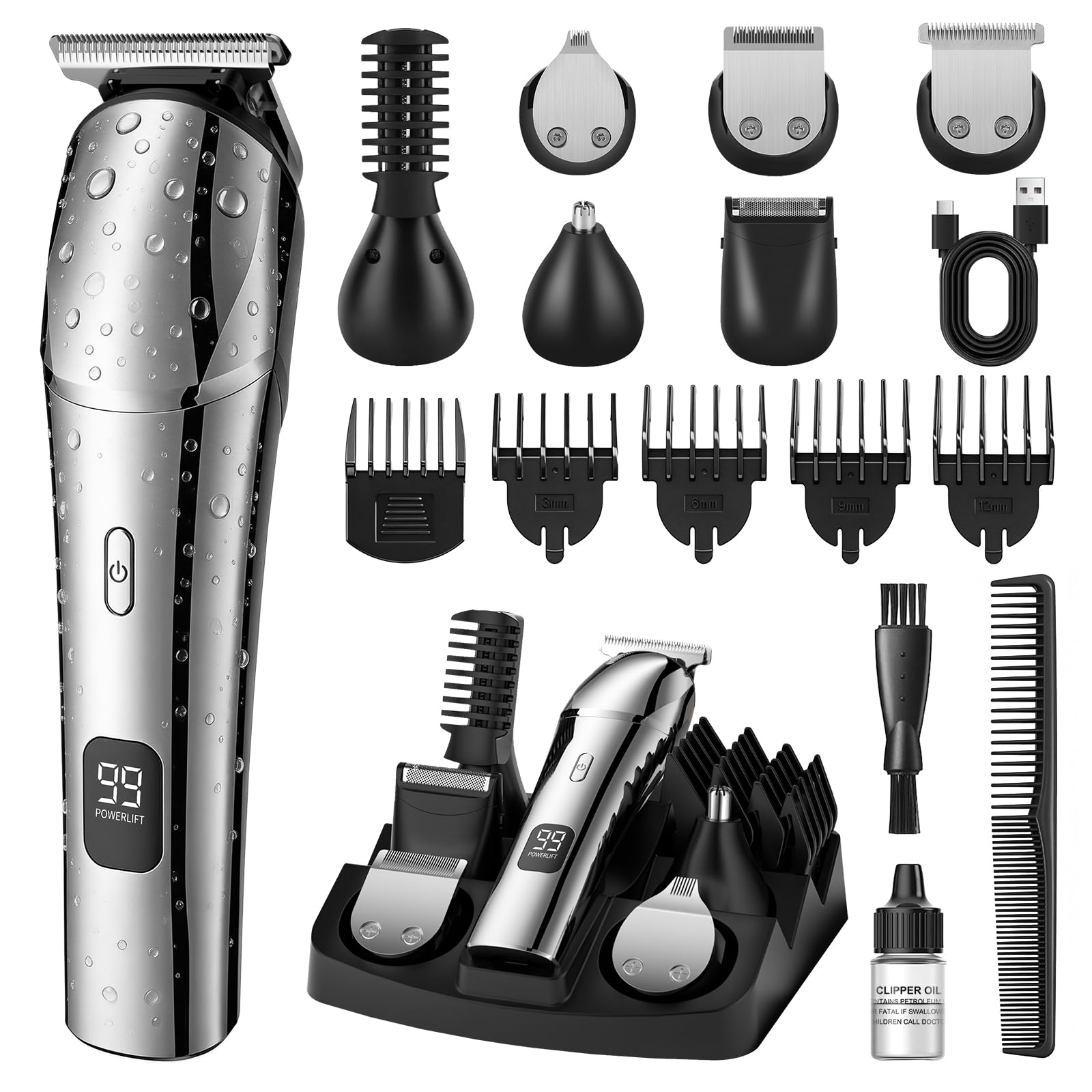 Rasoio da barba da uomo, kit professionale per la toelettatura degli uomini, rasoio elettrico impermeabile, rasoio elettrico senza fili, per viso, baffi, naso, set di tagliacapelli senza fili, regalo