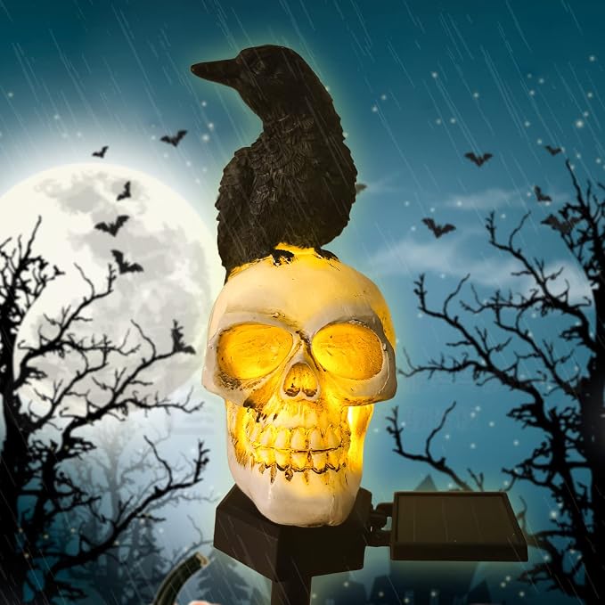 Halloween Skull Solar Garden Statue with Black Crow