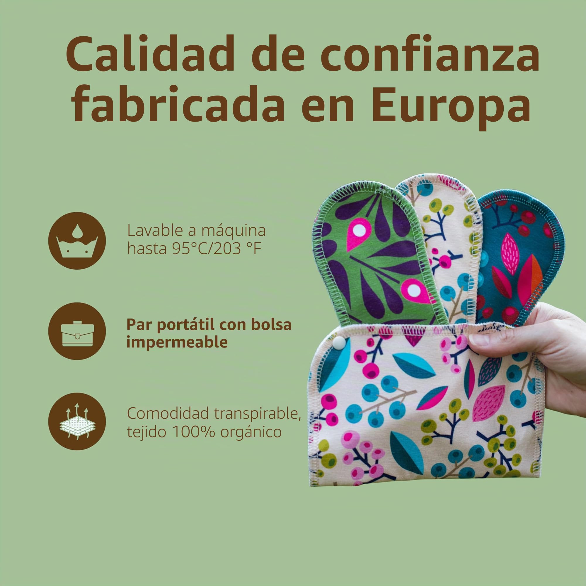 Compresas reutilizables en algodón orgánico para flujo abundante e incontinencia (L+XL, 6 uds.); lavables a alta T°, HECHAS EN LA UE; suaves, no irritantes y cómodas, compresas de tela para mujeres