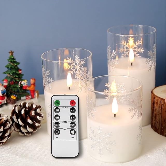 Eywamage Clear Snowflakes LED Candles with Remote, Flickering Flameless Candles in Glass, Battery Operated Pillar Candles Φ 3" H 4" 5" 6"