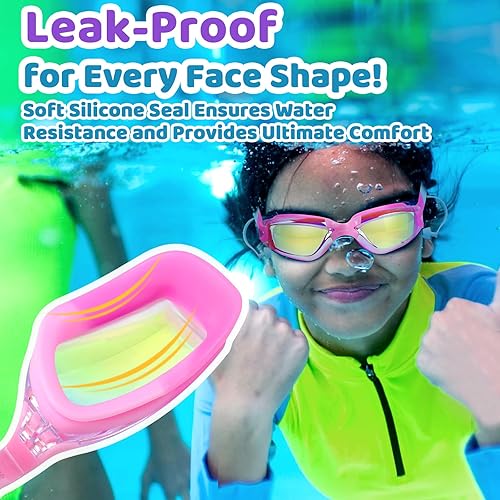Miniatura 3 de Vvinca Gafas de natación para niños, con tapones para los oídos y clip para la nariz, visión amplia, antivaho y UV, para niños y niñas de 3 a 15 años