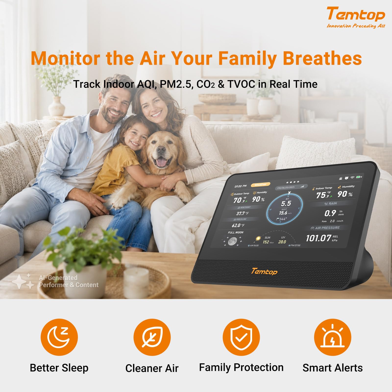Temtop Stazione Meteo WiFi Interno/Esterno 7" Touchscreen W100, Monitor Qualità dell'Aria PM2,5 PM10 CO2 TVOC, Pluviometro, Velocità e Direzione del Vento, UV, Previsioni AQI