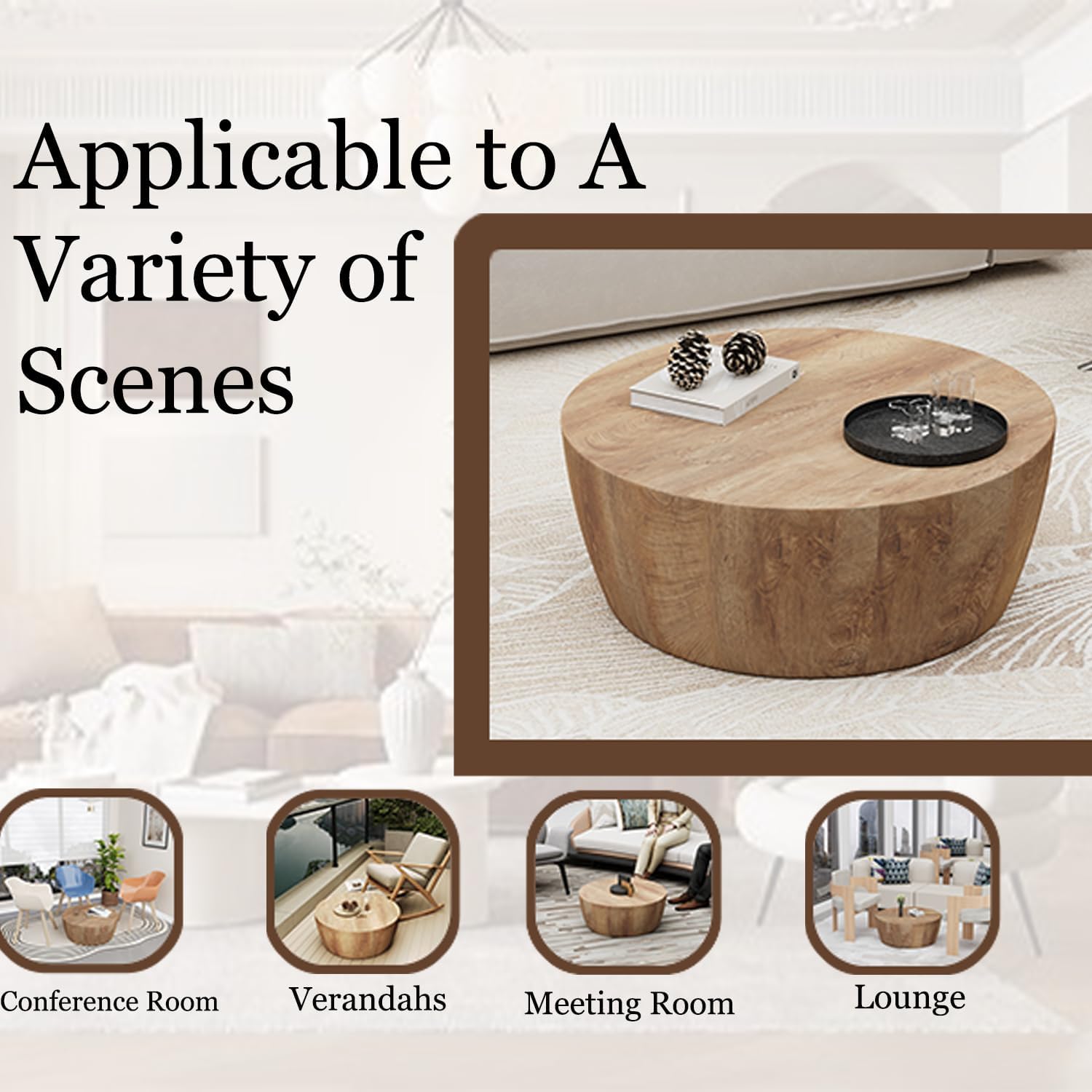 Wooden Coffee Table Modern Coffee Table Rustic Center Table with Metal Leg for Living Room Reception Room Office (Wood, Round)