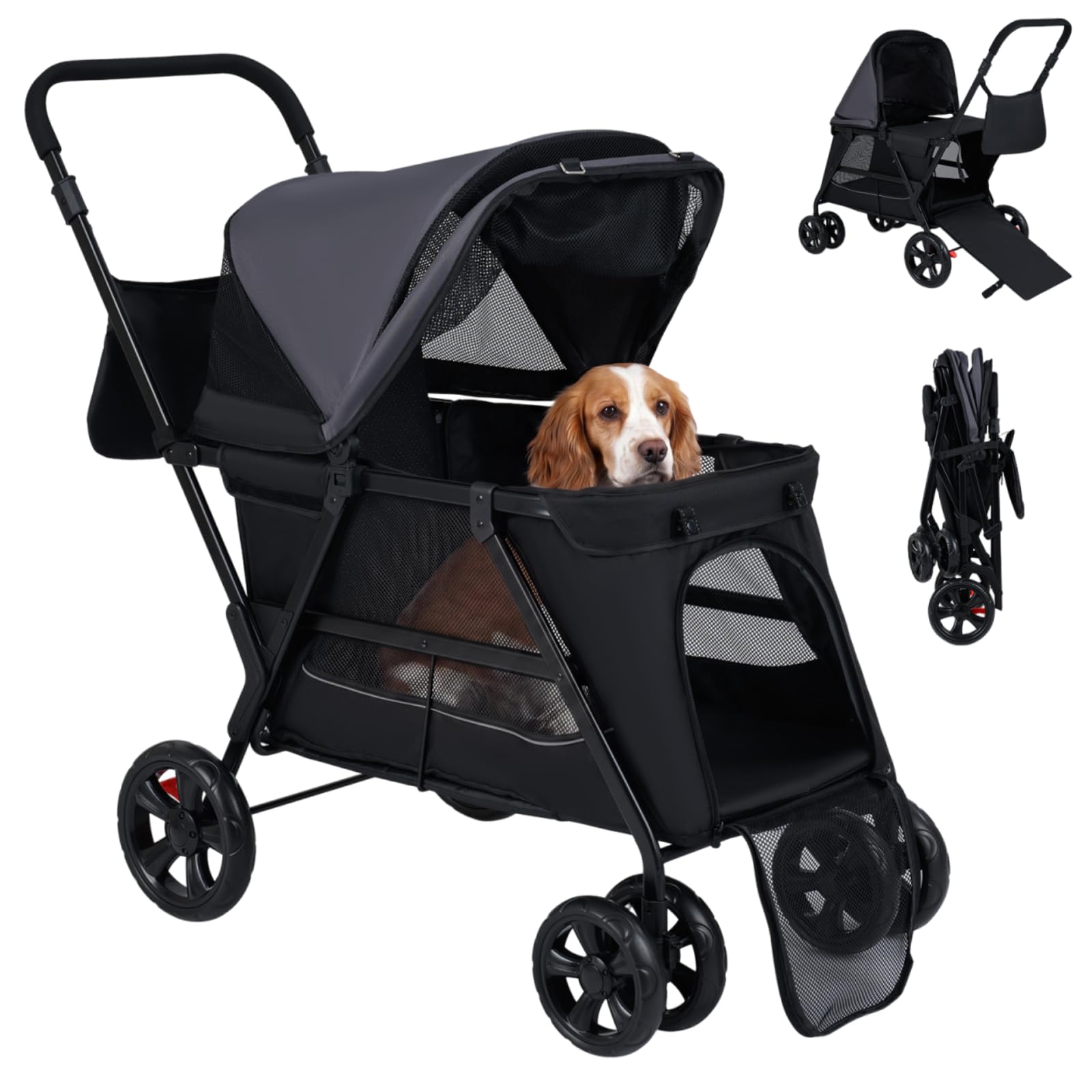 Maxmass Pet Stroller, Travel Dog Buggy with Adjustable Canopy, Safety Belt, Dual Entry and Ramp, Foldable Puppy Pushchair for Small Medium Dogs Cats