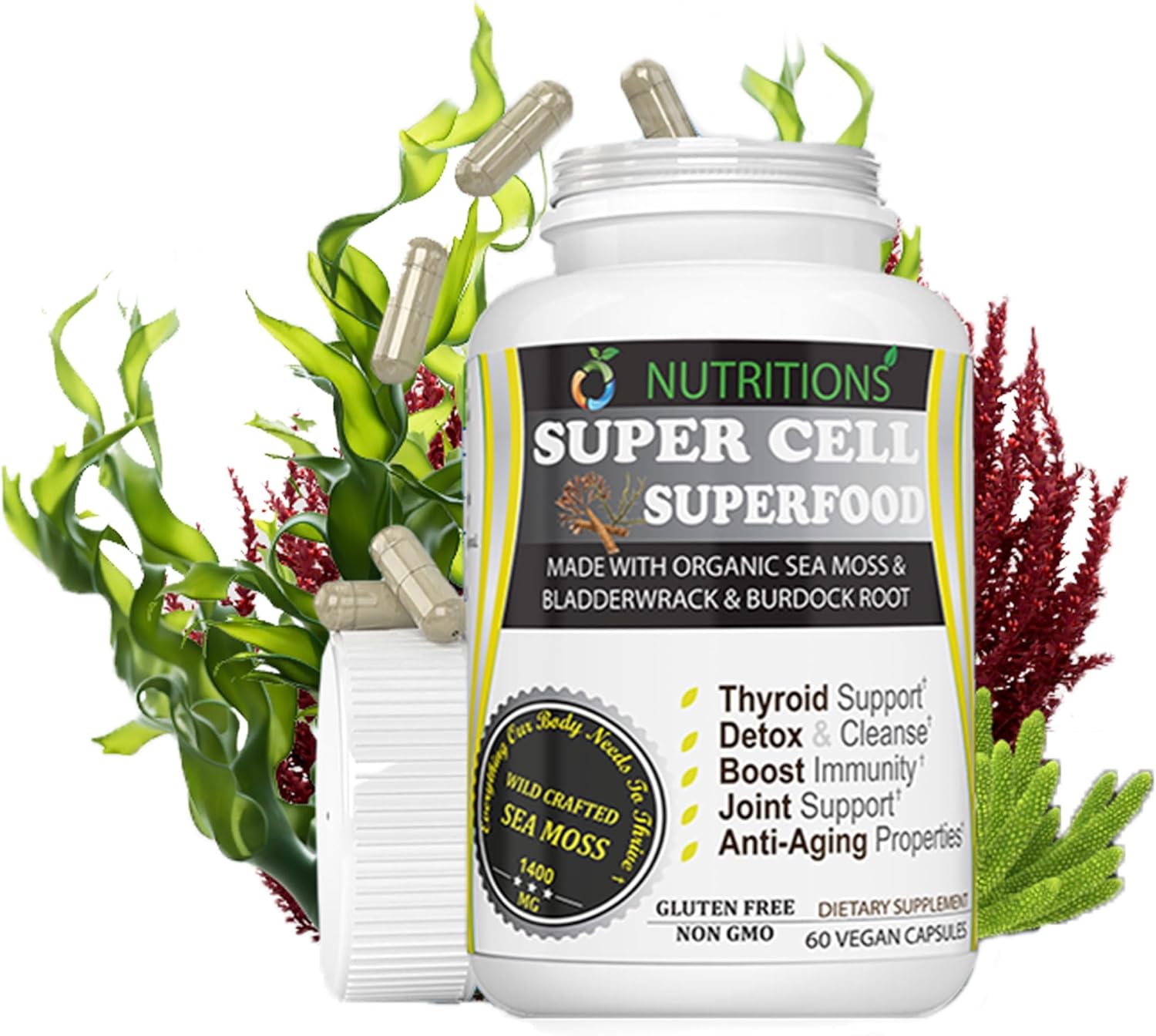 O NUTRITIONS Super Cell Superfood Sea Moss – USDA Certified Organic Sea Moss Capsules for Men and Women – Advanced Supplements with Irish Sea Moss, Bladderwrack, Burdock Root