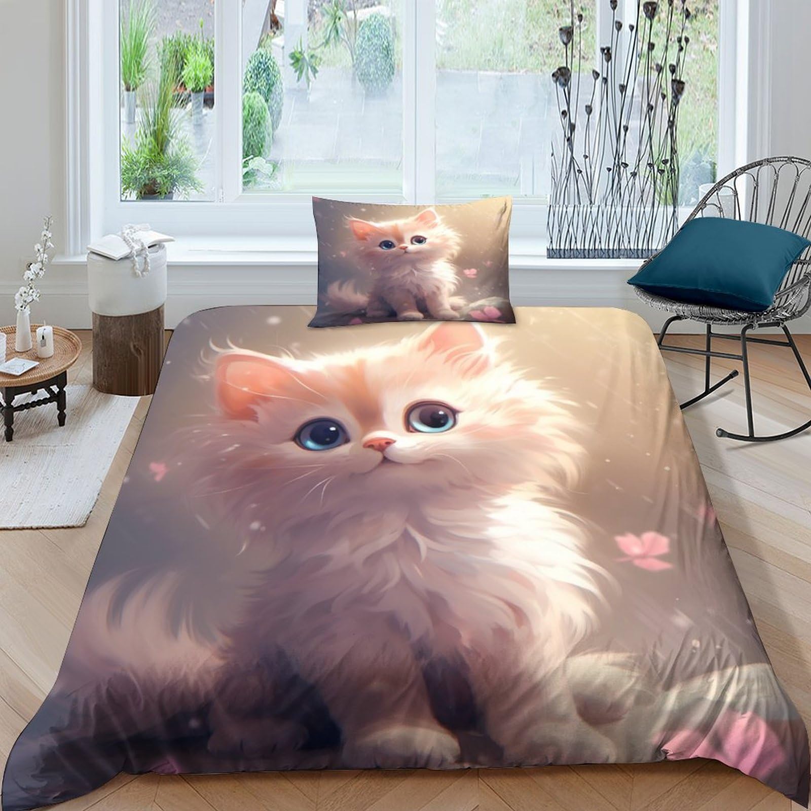 Housse de couette chaton mignon 135x200 cm avec taie d'oreiller en microfibre