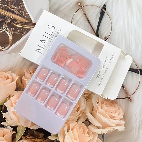 Miniatura 2 de 24 uñas postizas a presión con punta francesa, uñas postizas de forma cuadrada, puntas blancas brillantes nude, uñas con pegamento, uñas postizas de