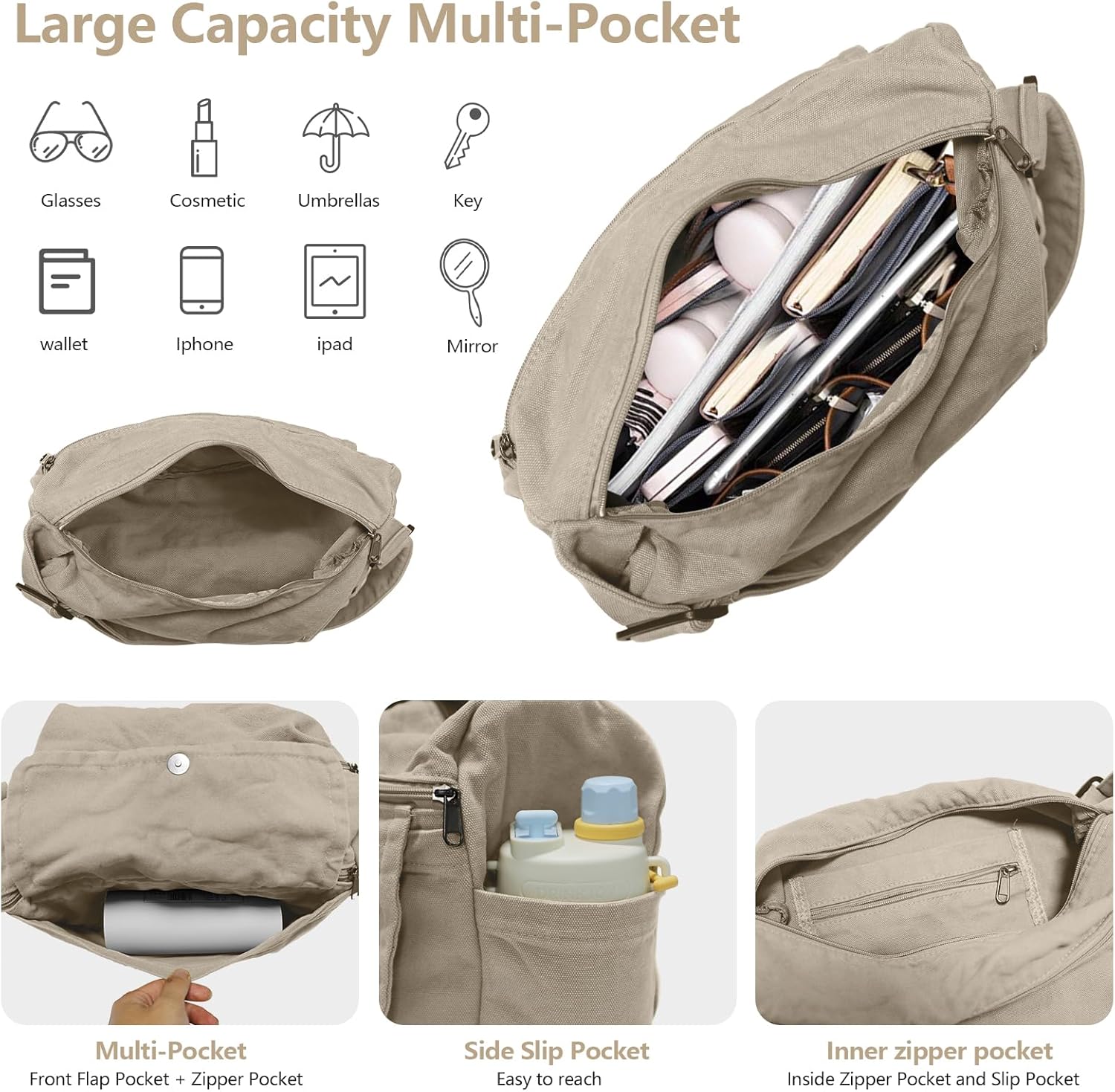 Canvas Messenger Bag for Women Men Crossbody Tote Bag with Multiple Pockets Vintage Satchel - Image 4