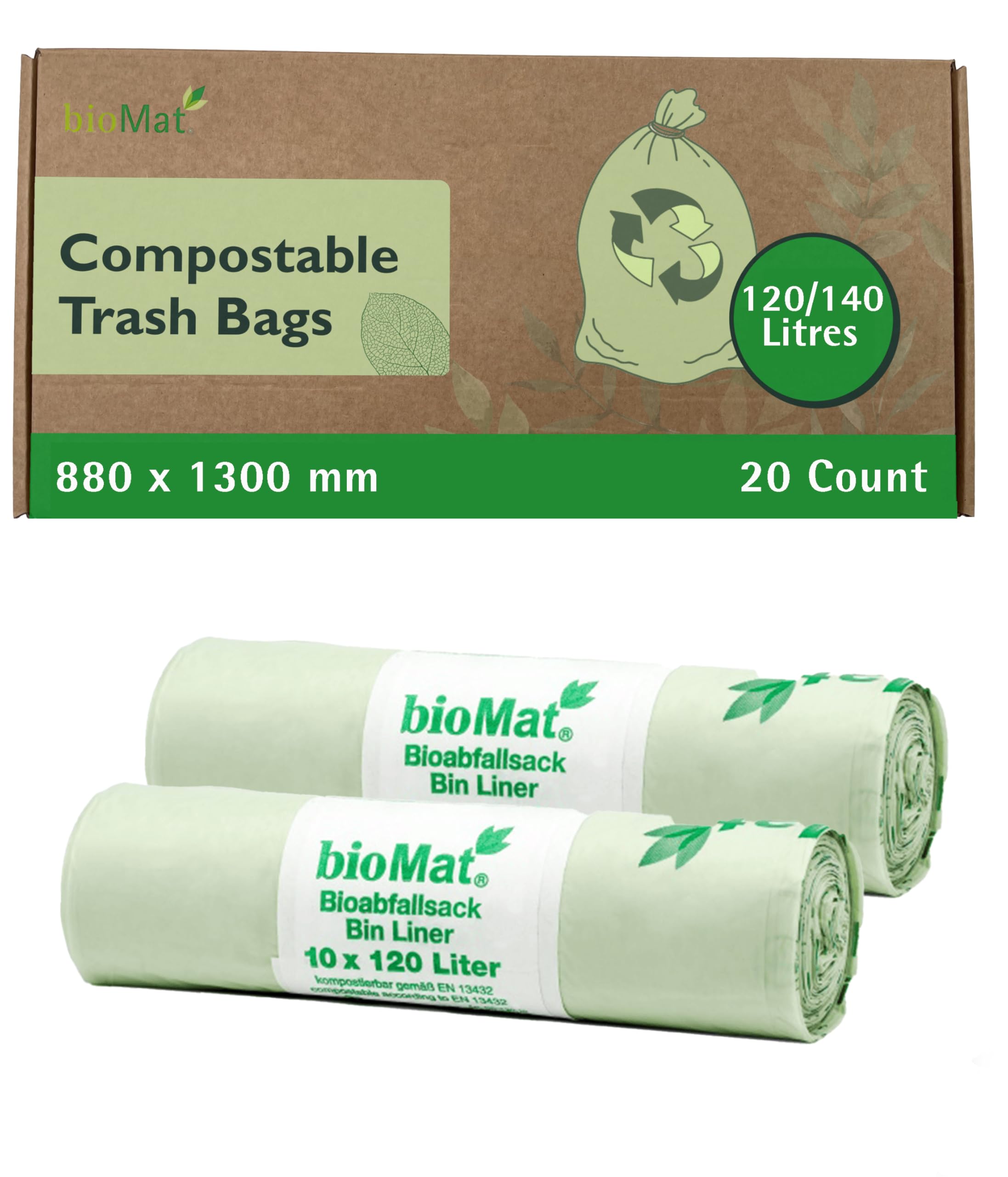 bioMat Compostable 140 Litre Wheelie Bin Liners, 20 Refuse Sacks, EN 13432 Certified Compostable Food Waste Bags, for Organic Waste, Household Waste