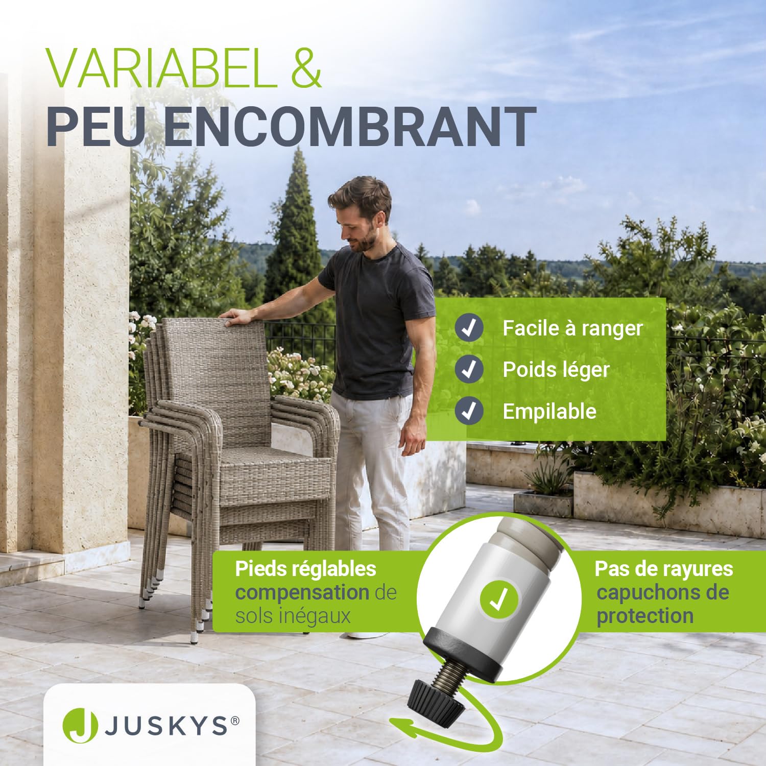 Juskys Ensemble de 4 chaises de Jardin Yoro en rotin avec accoudoirs et Dossier - 4 chaises empilables - Chaise en rotin pour Le Jardin - Chaise empilable Chaise de Balcon Gris chiné