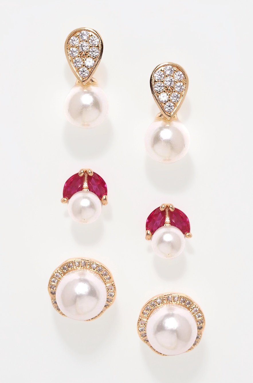 Women's Base Metal Cubic Zirconia Diamonds & Pearls Gold, Pink Contemporary Stud Earrings for Women-ZPFK9745, Combo of 3,