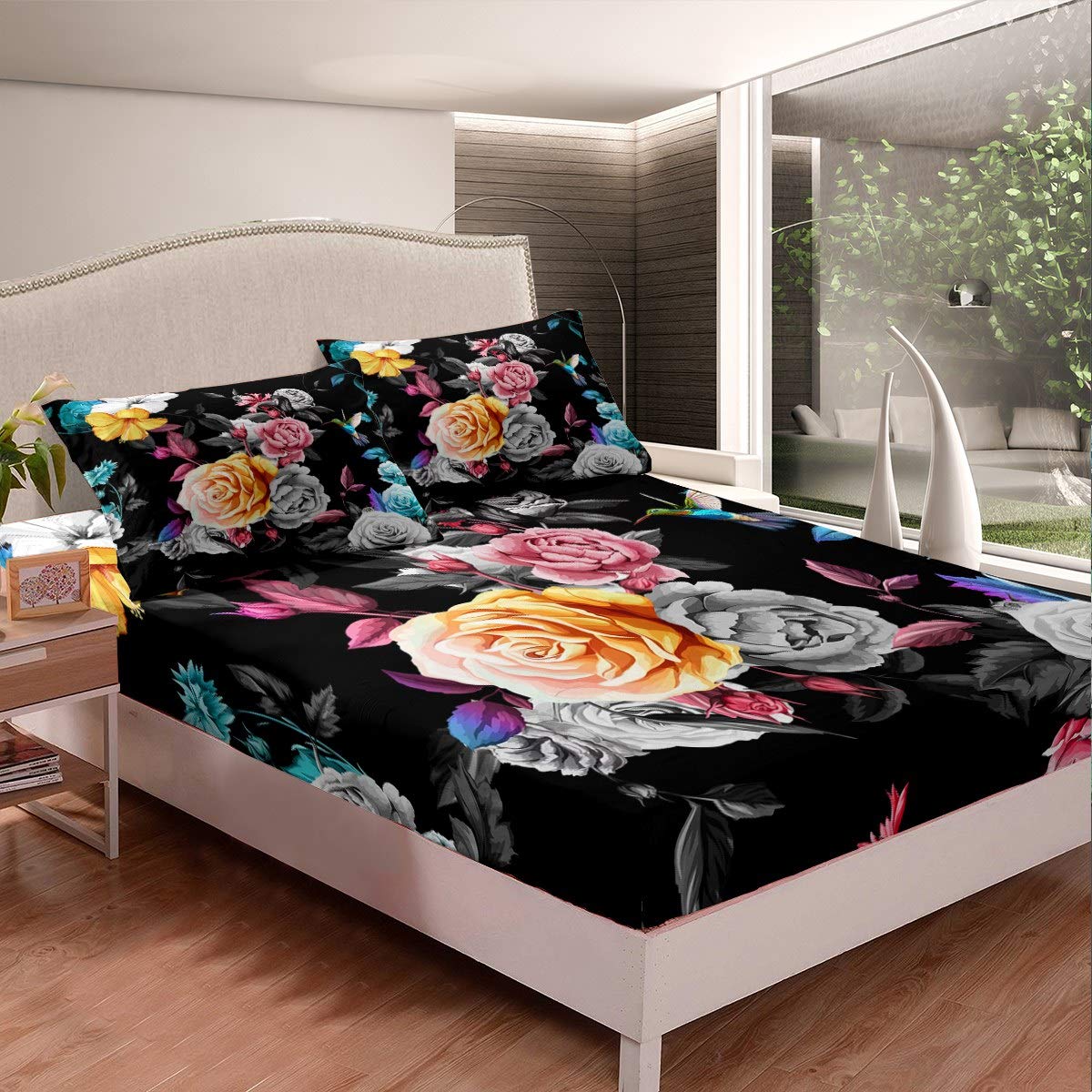 Loussiesd Floral Print Fitted Sheet Blossom Flowers Pattern Bedding Set For Kids Boys Girls Children Colorful Botanical Bed Sheet Set Ultra Soft Nature Theme Decor Bed Cover King Size