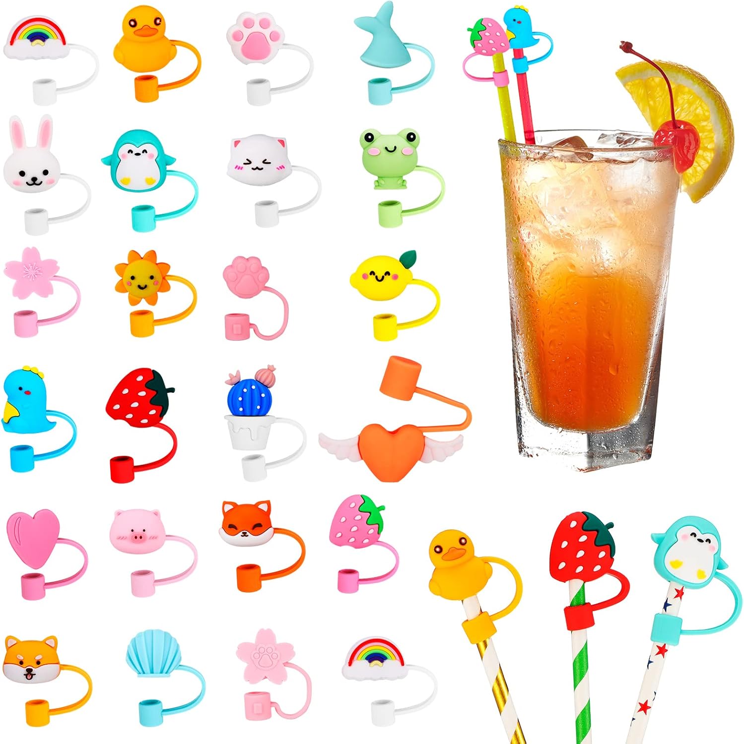 Nuenen 24 Pcs Straw Covers Caps Silicone Reusable Topper Tips Cute Cartoon Lids Splash Proof Plug for 6-8 mm Straws Tumblers Summer Beach Party Favors Home Kitchen Accessories - Image 8