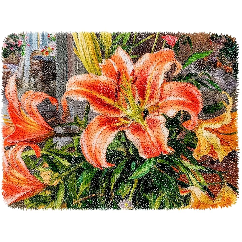 Latch Hook Kit for Adults & Kids, Complete DIY Rug Making Craft Kits with Yarn & Canvas and Crochet Needle, Adult Craft Kits for Women, Relaxing Home Art Project, Perfume Lily Pattern 50x38cm