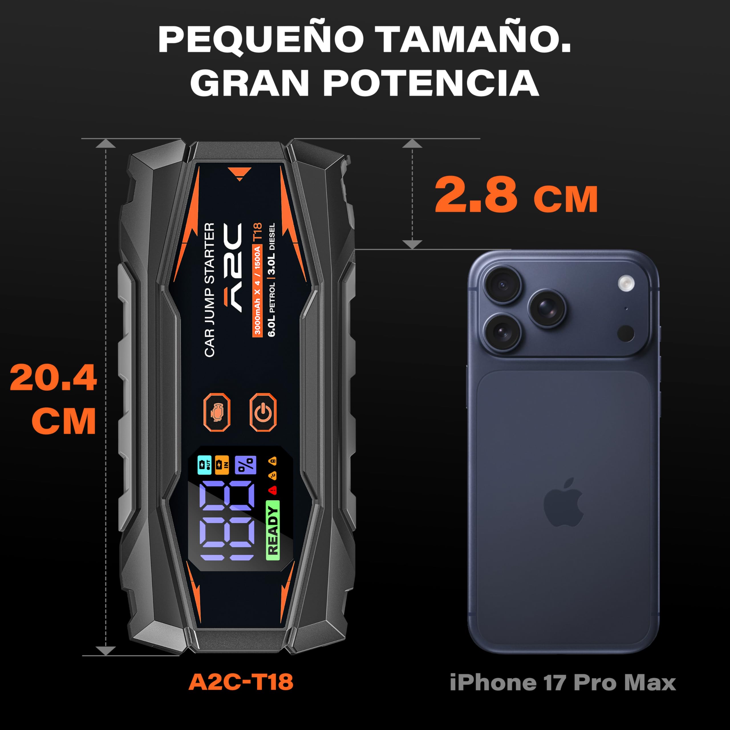 A2C Arrancador Coche 1500A, Power Bank 16800mAh para Gasolina 6L/Diésel 3L | 12V, 3 puertos USB-C, carga rápida QC 3.0, pantalla LED, pinzas de seguridad inteligentes, incluye estuche, diseño compacto