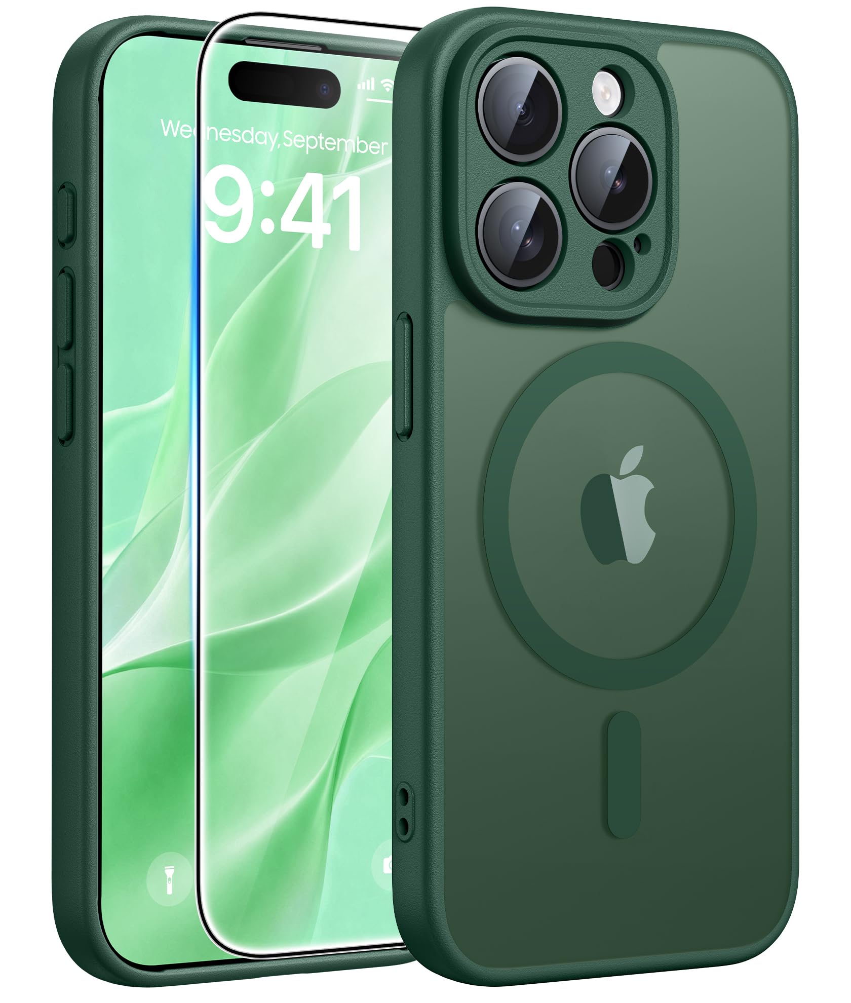 FNTCASE for iPhone 15 Pro Case, Fit for Magsafe, Screen Protector, Green