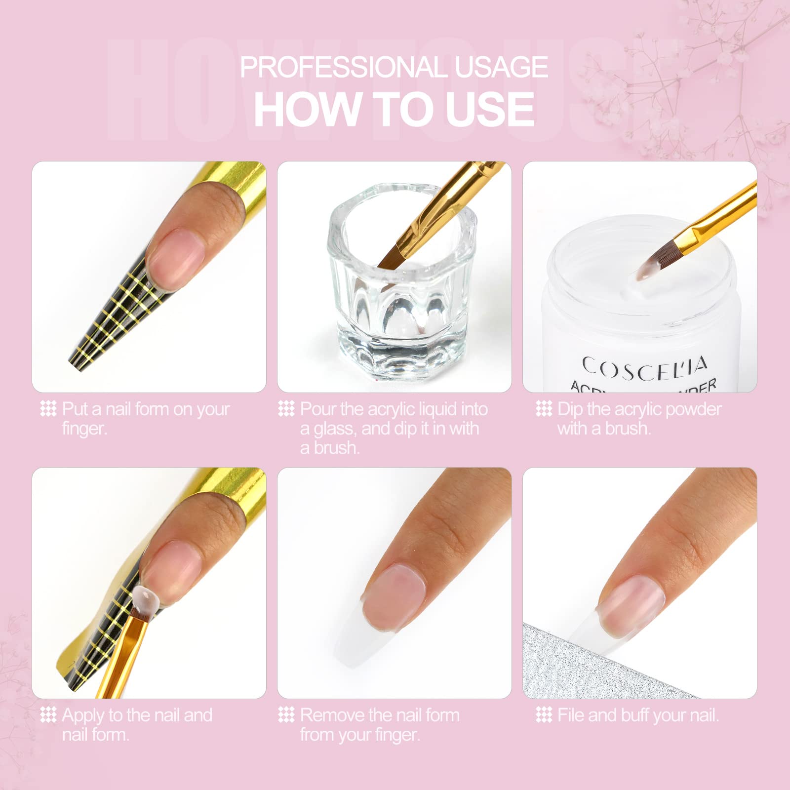 COSCELIA Uñas Arte Transparente y Rosa 120g Juego de Uñas Arte Polvo Decoración de Manicura