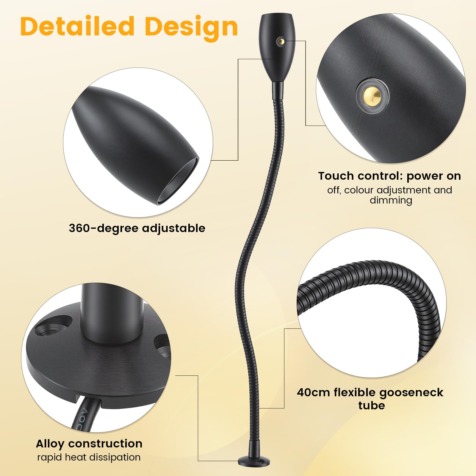 Leselampe 12V LED Dimmbar Bett Lampe, Flexible Wandmontage Schwanenhals Nachttisch DC 12-24V 3000/4000/6000K mit Dimmerschalter & USB-Ladegerät, 1PCS Boot Wohnwagen Van Yacht Bett Lampe