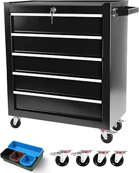Tool Chest with 5 Drawers Standing Tool Chest with Drawers 7 Organizer Tray Divider Set & Wheels, Rolling Tool Box Organizer for Garage, Workshop, Home Craft