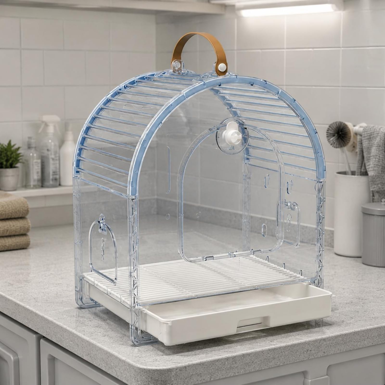 Jaula de Viaje Transparente Gran Espacio Transportador de Aves Transpirable Estilo Moderno Artículo Portátil para Salidas, Blanco Arroz, Mediano