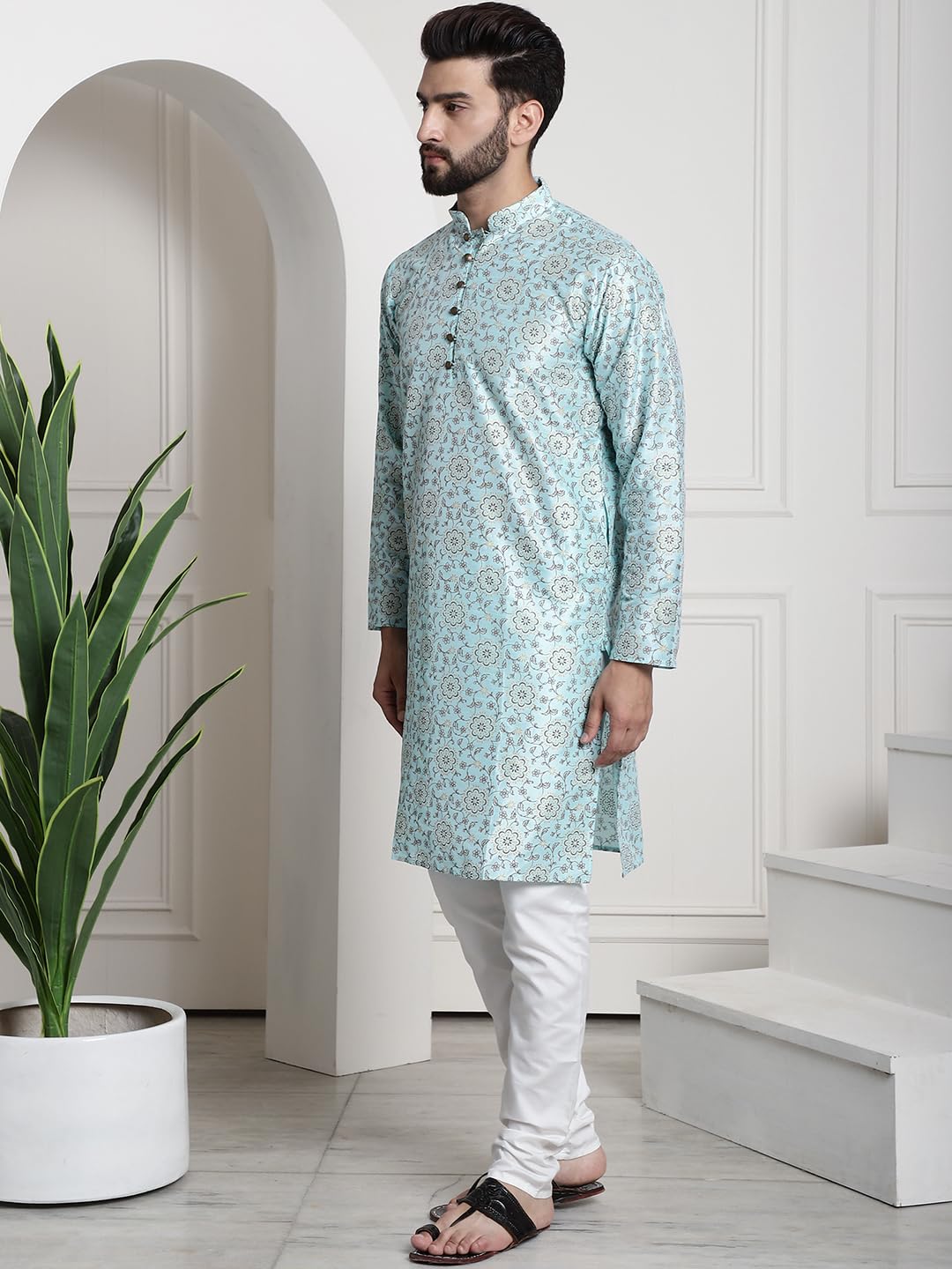 Sojanya (Since 1958 Men's Silk Blend Print Sea Green Kurta & Cream Pyjama With Black Nehrujacket