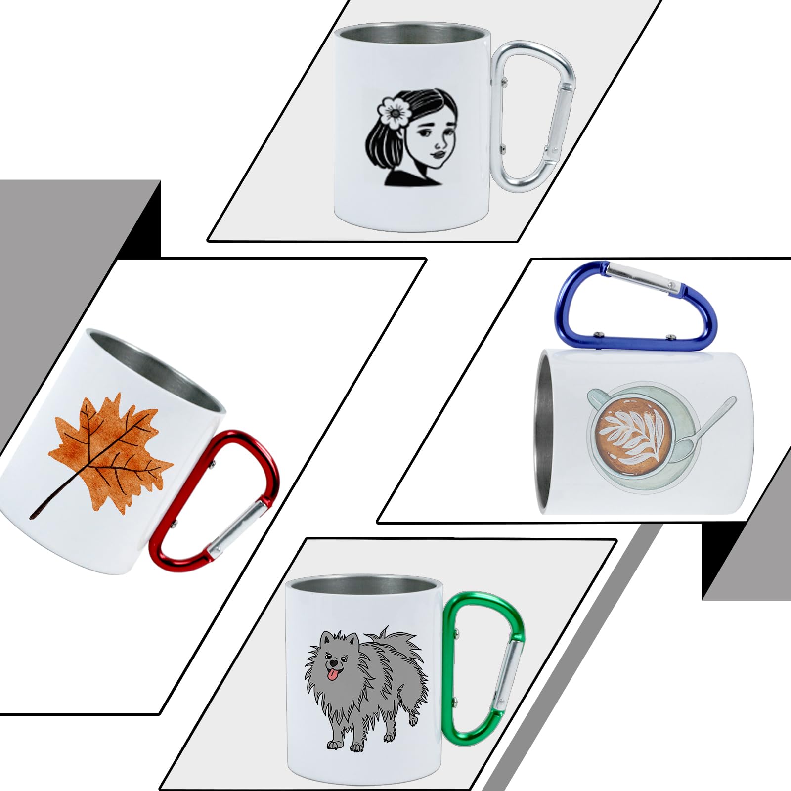 4 tazas de mosquetón de acero inoxidable en blanco de sublimación de 10 onzas con asas de, taza de café de viaje, taza de café portátil con asa para deportes al aire libre
