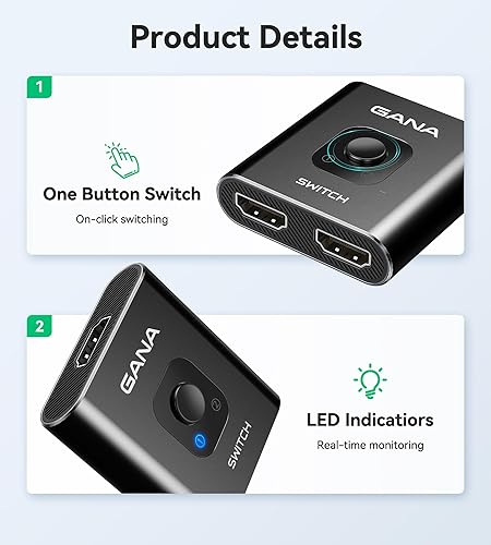 Miniatura 7 de Interruptor HDMI 4 K a 60 Hz, interruptor HDMI bidireccional de aluminio GANA 2 en 1 salida, concentrador HDMI manual compatible con HD compatible