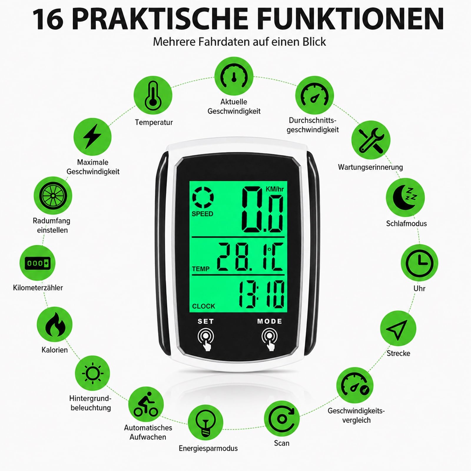 Fahrradcomputer Fahrrad Tacho 19 Funktionen Multifunktion IP54 Wasserdicht LCD Display Kilometerzähler Fahrrad Backlight mit Kabel Automatisches Aufwachen StartStop Hintergrundbeleuchtung für MTB Road