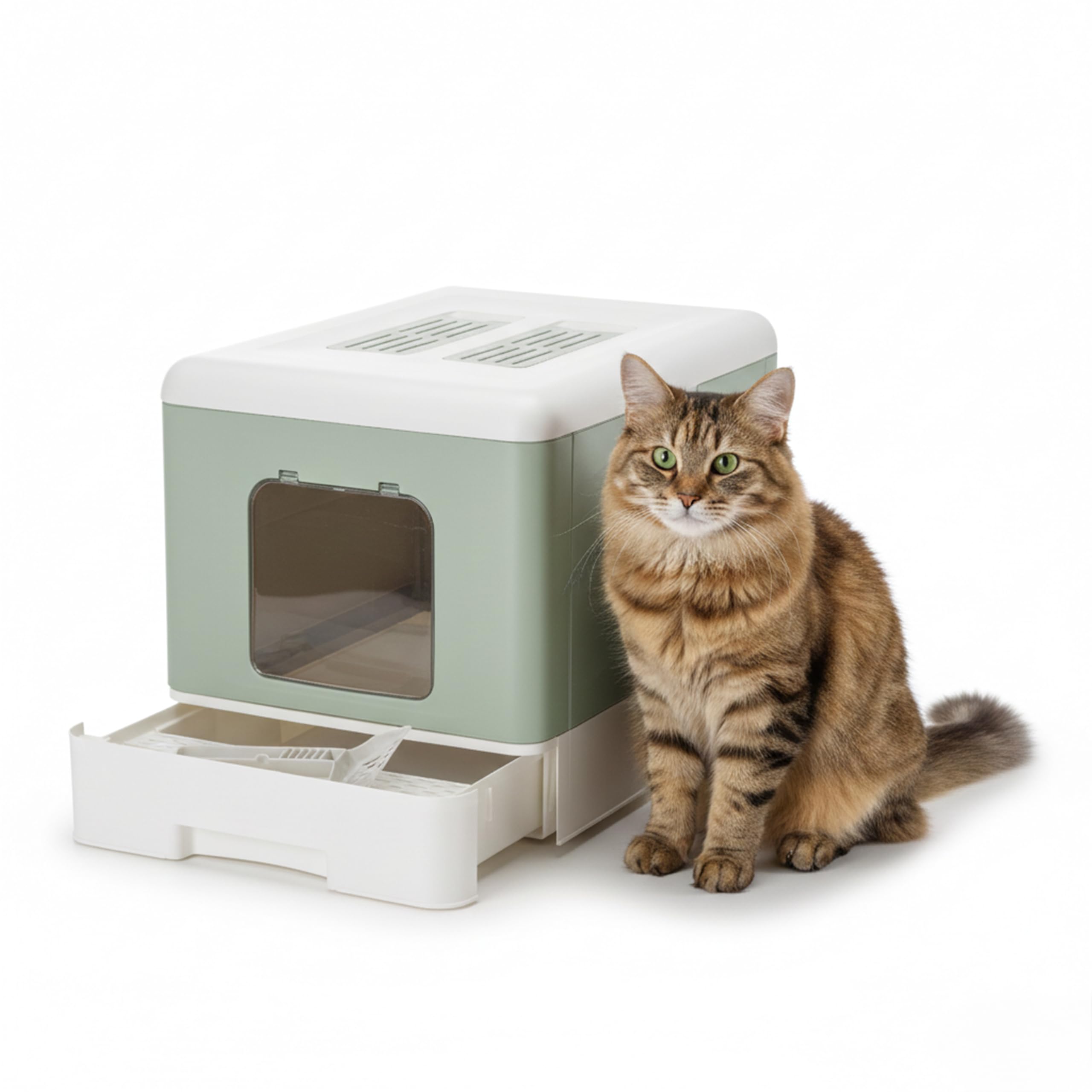 Ferplast Closed Cat Litter Box with Removable Drawer, Double Activated Carbon Filter, Scoop and Brush, Paw Cleaning Grid L 39 x W 52 x H 40 cm Green