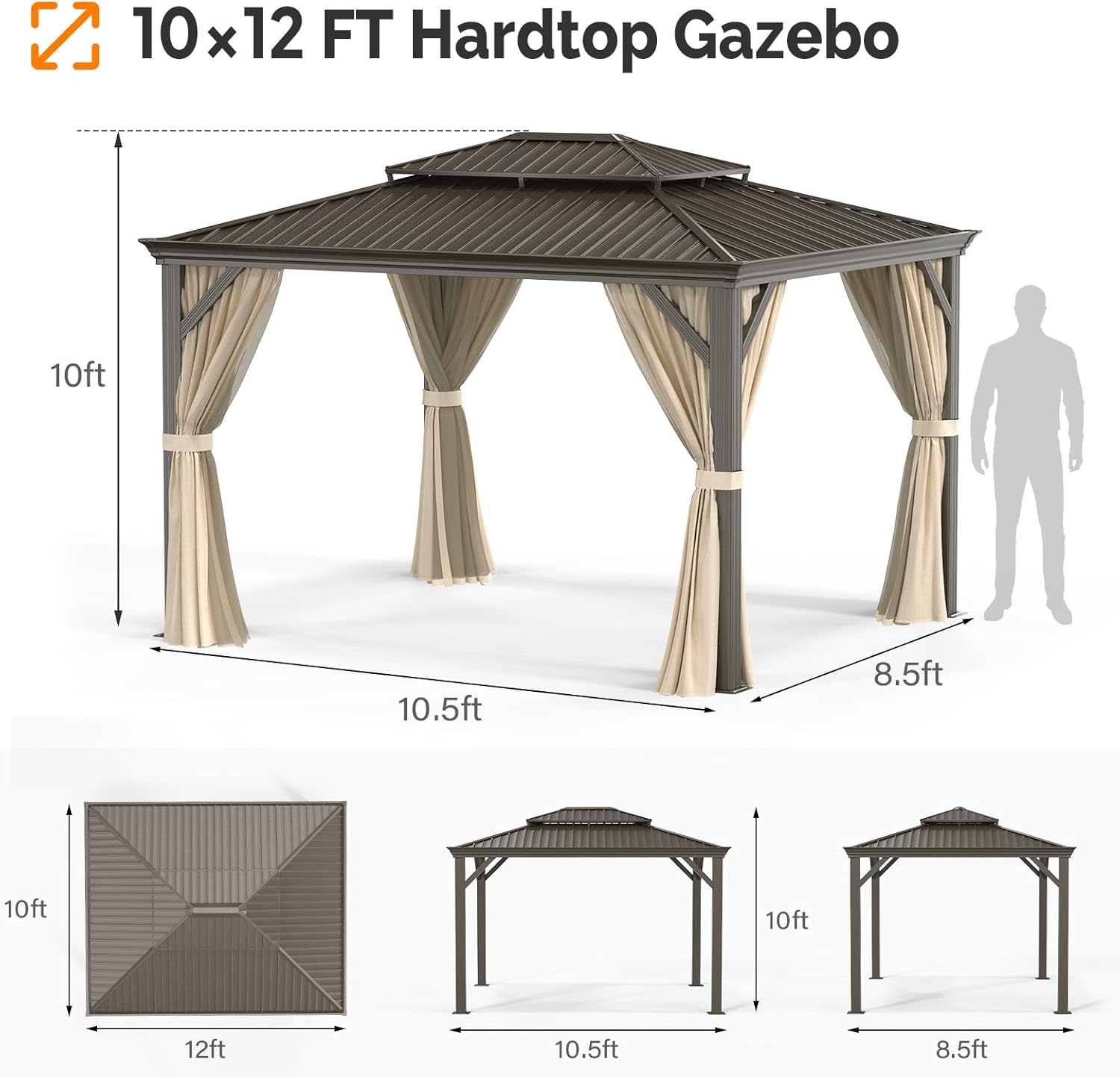 VINGLI 10’ x 12’ Outdoor Hardtop Gazebo Galvanized Steel Double Roof Outdoor Gazebo with Netting and Curtains Aluminum Frame for Garden,Patio,Lawn,Party