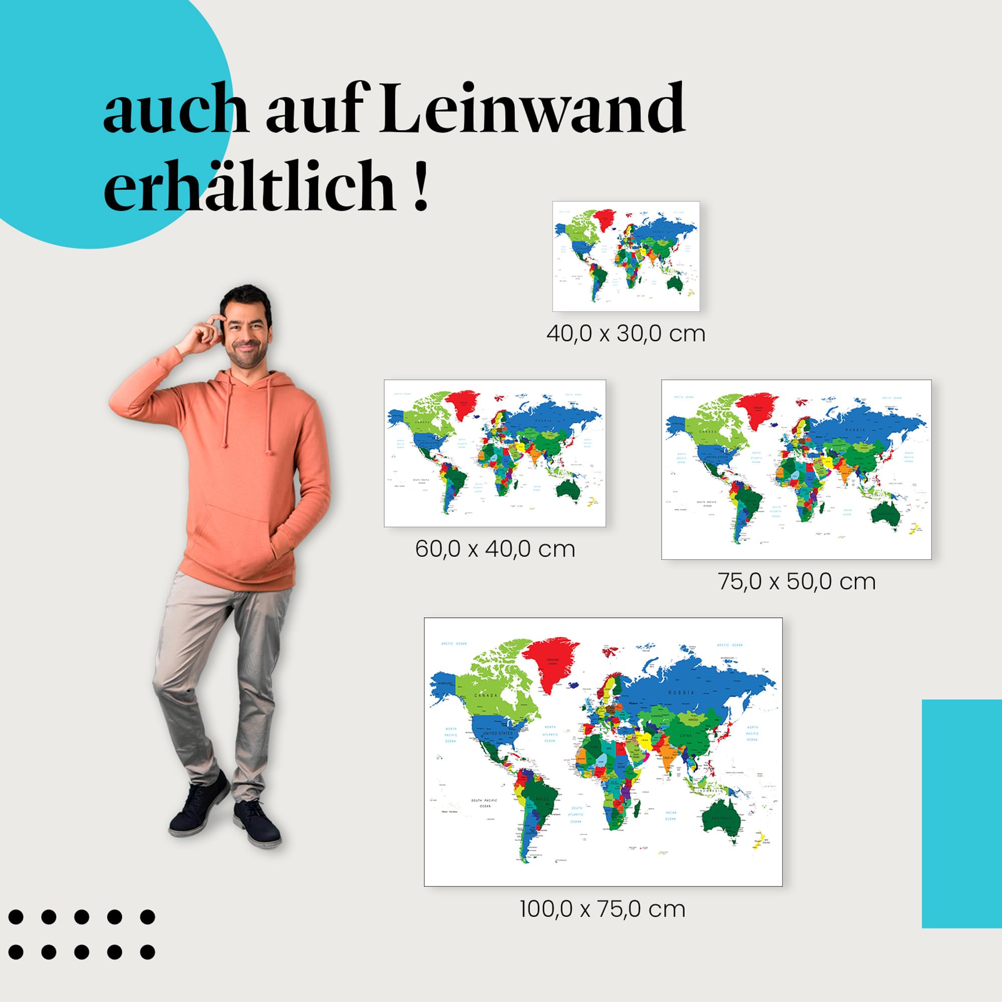 Postereck - 0666 - Politische Weltkarte, Land Hauptstadt Kontinent - Unterricht Klassenzimmer Schule Wandposter Fotoposter Bilder Wandbild Wandbilder - Leinwand - 100,0 cm x 75,0 cm
