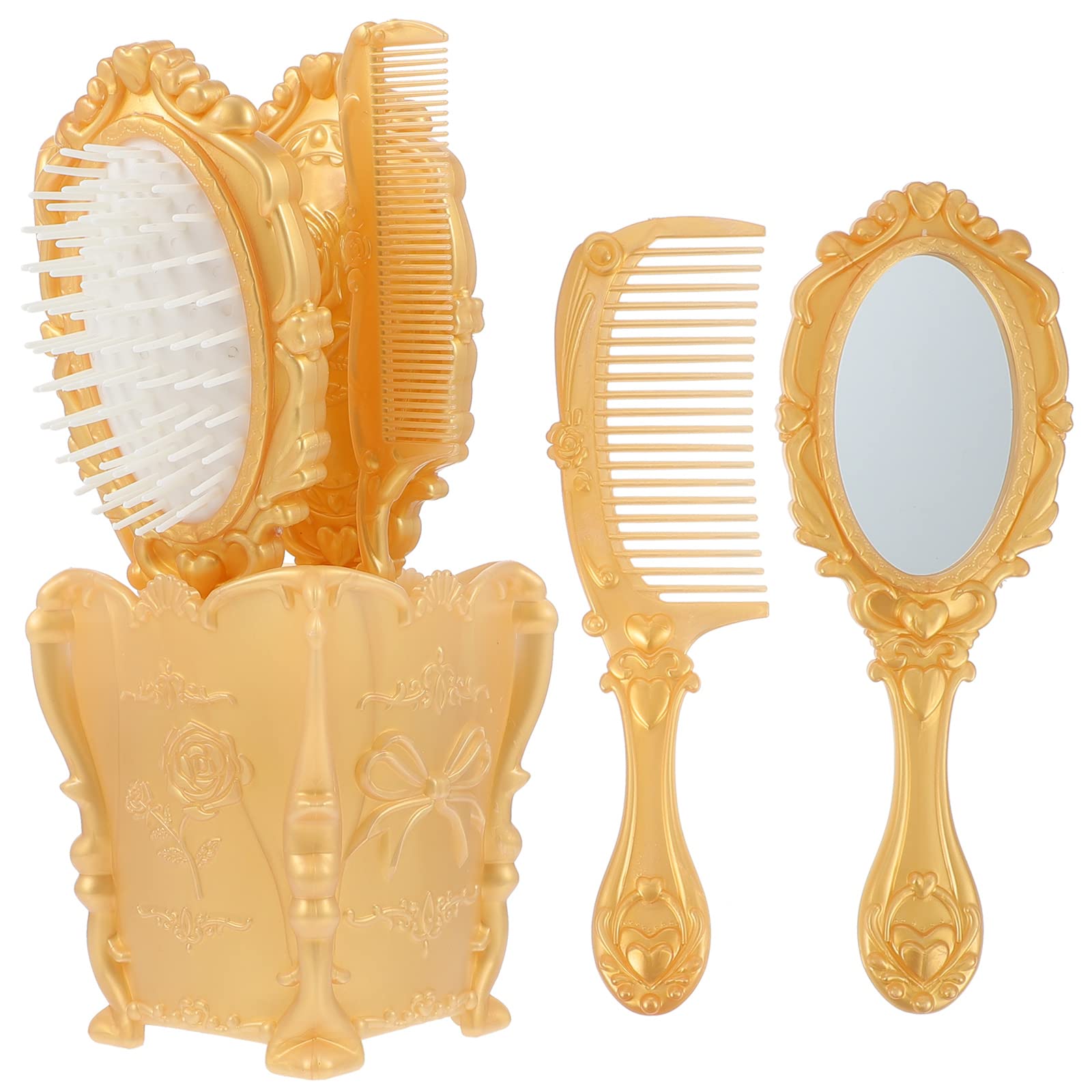 Beavorty 5pcs Vintage Hand Mirror Comb Set Makeup Vanity Mirror Comb Hair Brush Set Detangling Hair Brush Rat Tail Comb with Comb Holder Golden Womens