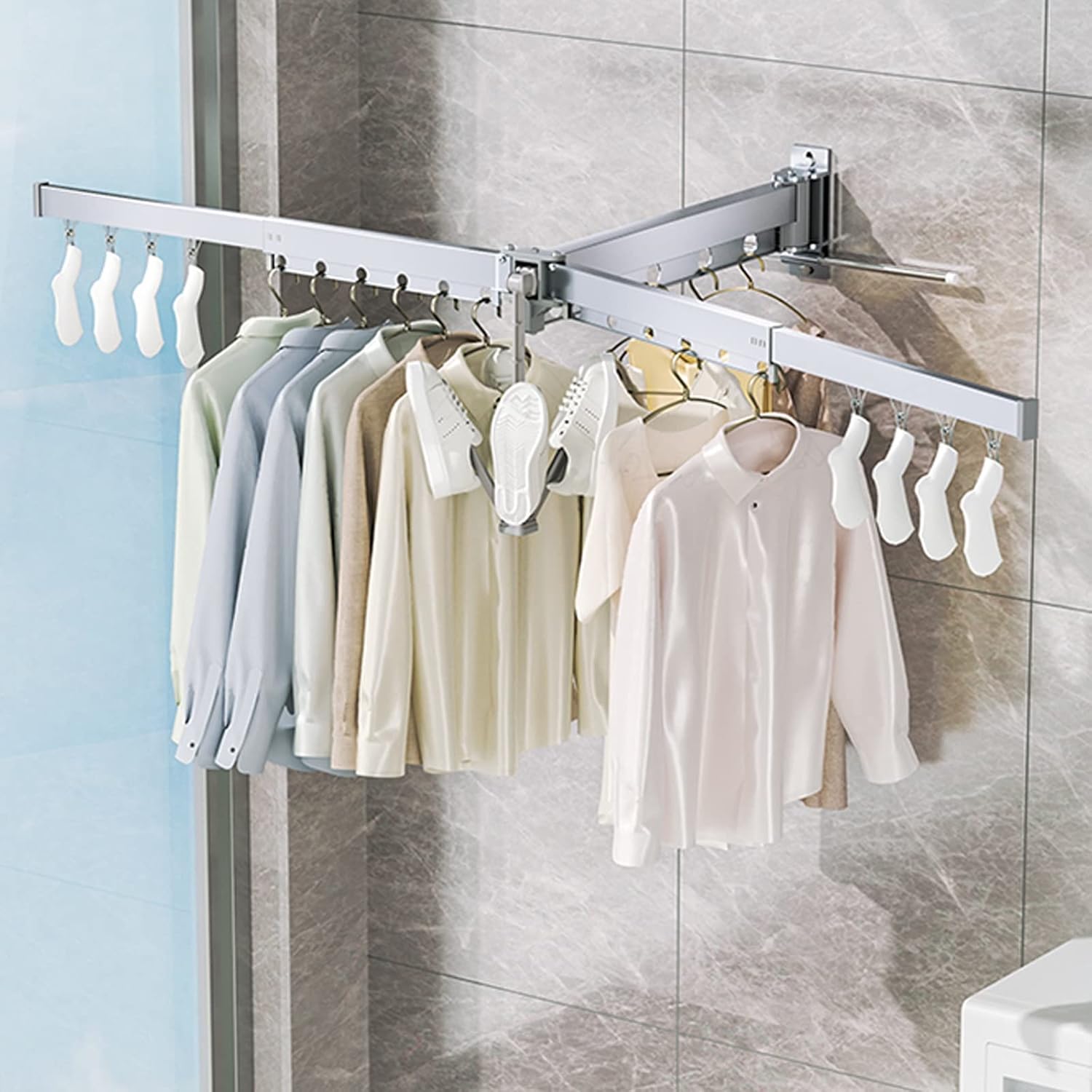 Foldable Portable Clothes Drying Rack - Space-Saving Aluminum Airer, Wall Mounted Metal Rack for Indoor Use in Laundry, Bathroom & Balcony - Grey