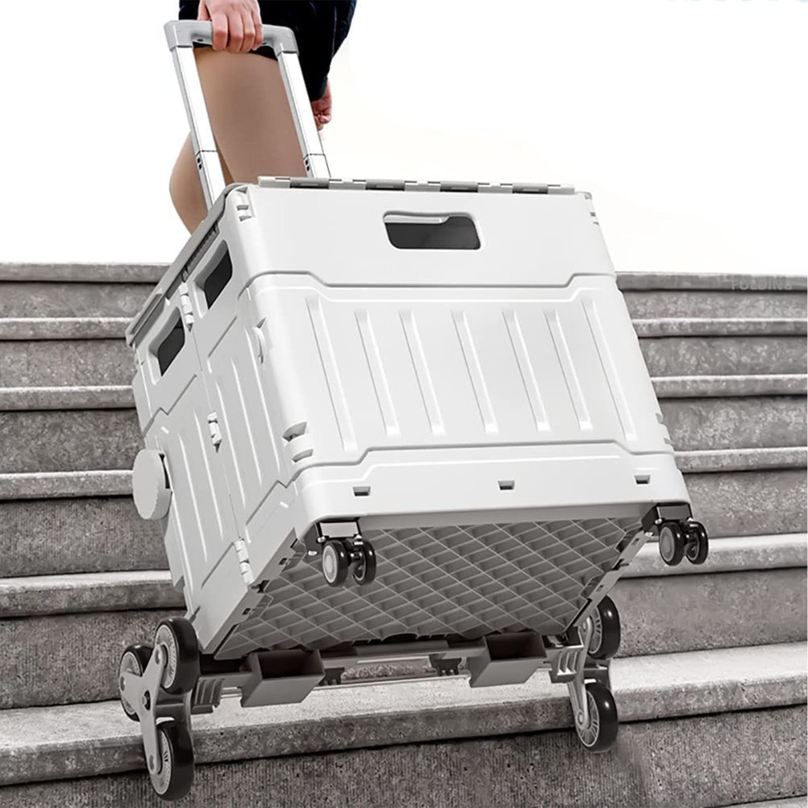 Carrito de compras plegable para escalera, carrito de comestibles con tapa, capacidad de 50 kg, portátil, ligero, de aluminio y plástico, mango telescópico, color gris