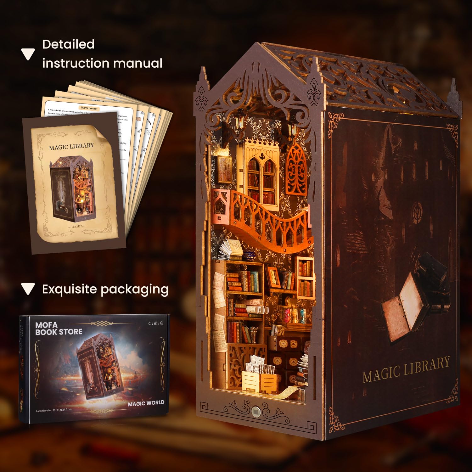 shrike Book Nook Kit Casa delle Bambole Magica Fai Da Te Booknook, Kit Casa Miniatura, Puzzle 3D in Legno, Illuminazione a LED, Regalo Decorativo per Libreria