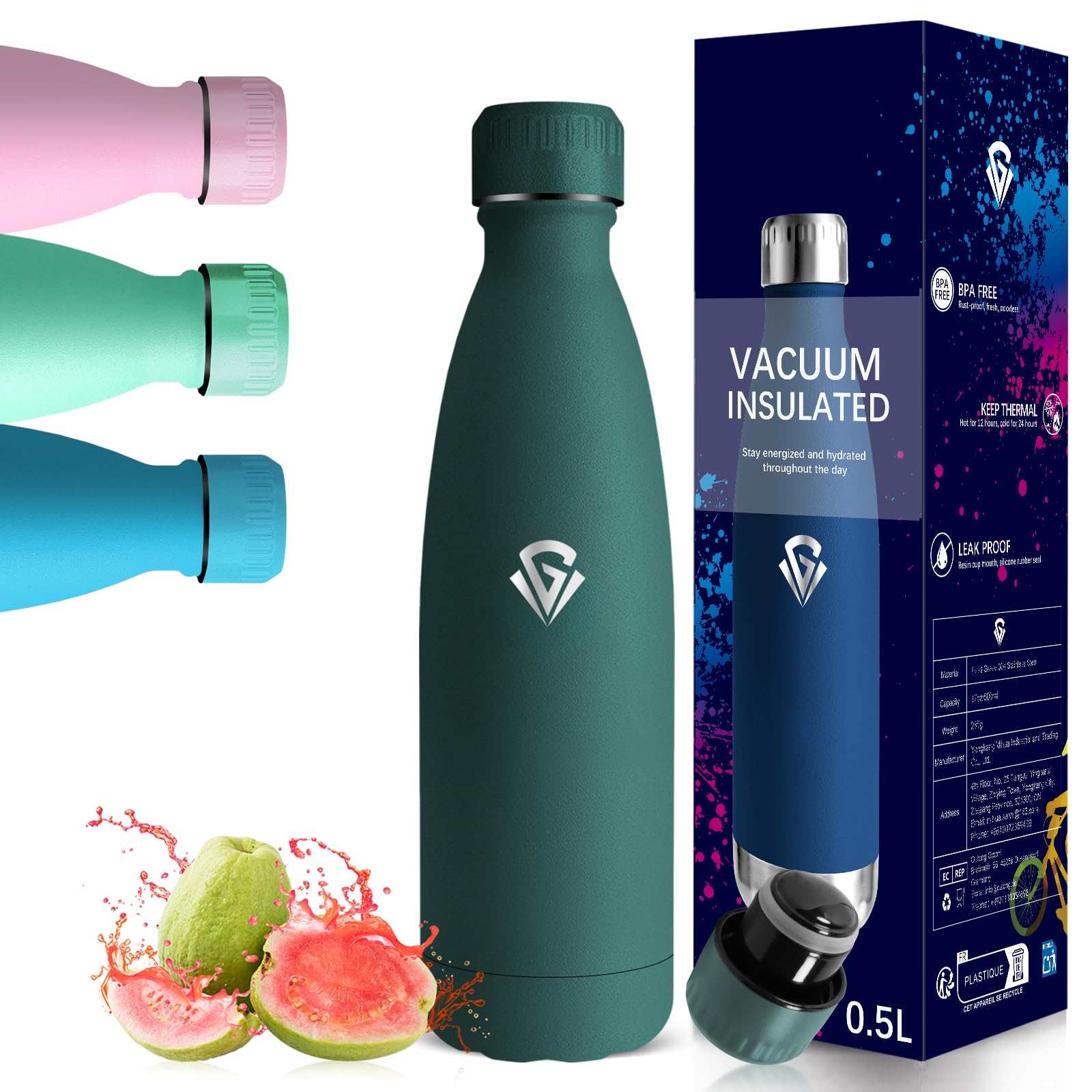 Mujigaga 500ml Thermal Water Bottle, BPA Free, Vacuum Insulated, Reusable Thermal Bottles, No Leakage Stainless Steel Water Bottles for Cycling, Outdoor, Gym