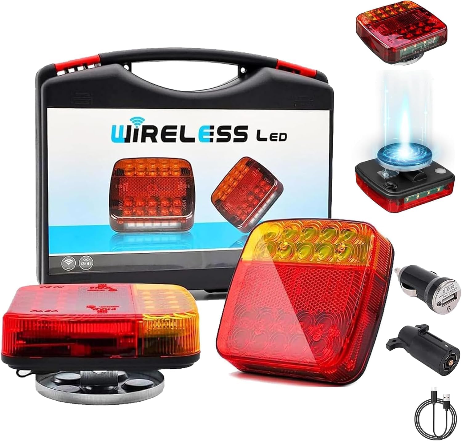 Wireless Magnetic LED Trailer Light ，Ip67 Waterproof Rechargeable Wireless Trailer Lights Kit, Portable for Pickup Trucks, SUVs, Boats, RVs and More