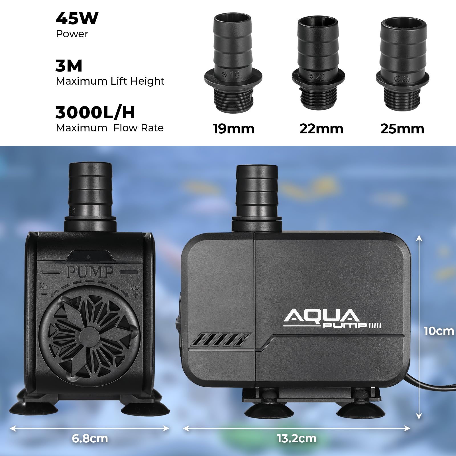 Pompa Sommersa 45W 3000L/H Silenziosa per Acquari e Laghetti, Massima di Sollevamento 3m,Portata Regolabile con Filtro e 3 Ugelli 19/22/25mm, Ideale per Fontane, Idroponica e Circuiti Acquatici