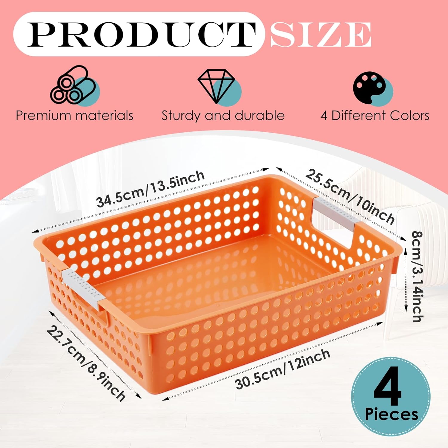 4 Pack Classroom Paper Trays, Turn in trays Classroom, Colorful Storage Bin Basket, Plastic Storage Baskets with Handles, Paper Trays for Classroom Organization, Library, Drawers, Office
