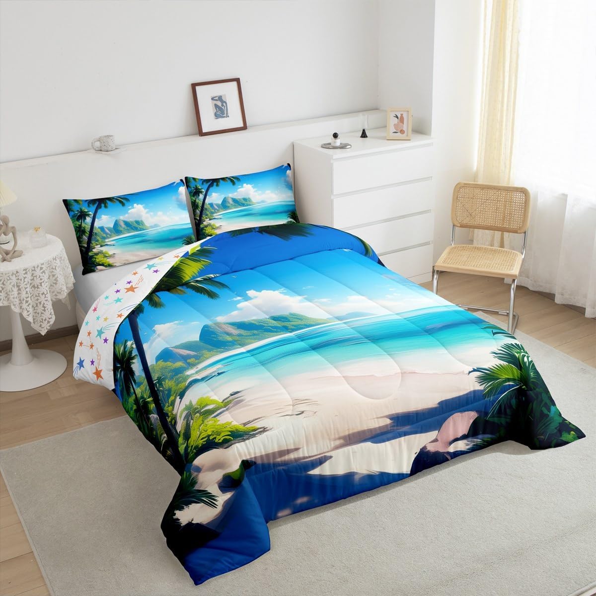 Feelyou Kids Ocean Beach Bedding Set Queen Size,Sea Palm Trees Sand Print Comforter Set,Boys Girls Bedroom Room Decor,Coastal Tropical Comforter,Hawaiian Style Bed Set
